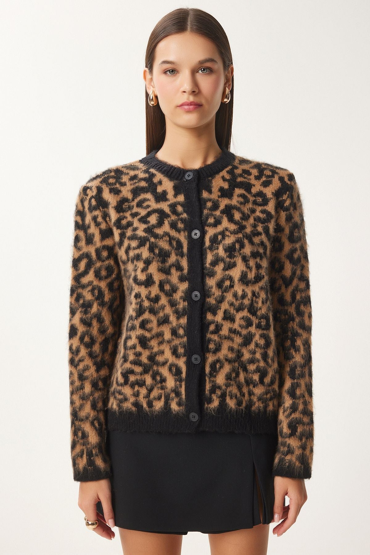 Women's black brown leopard patterned short beard knitwear cardigan US00935