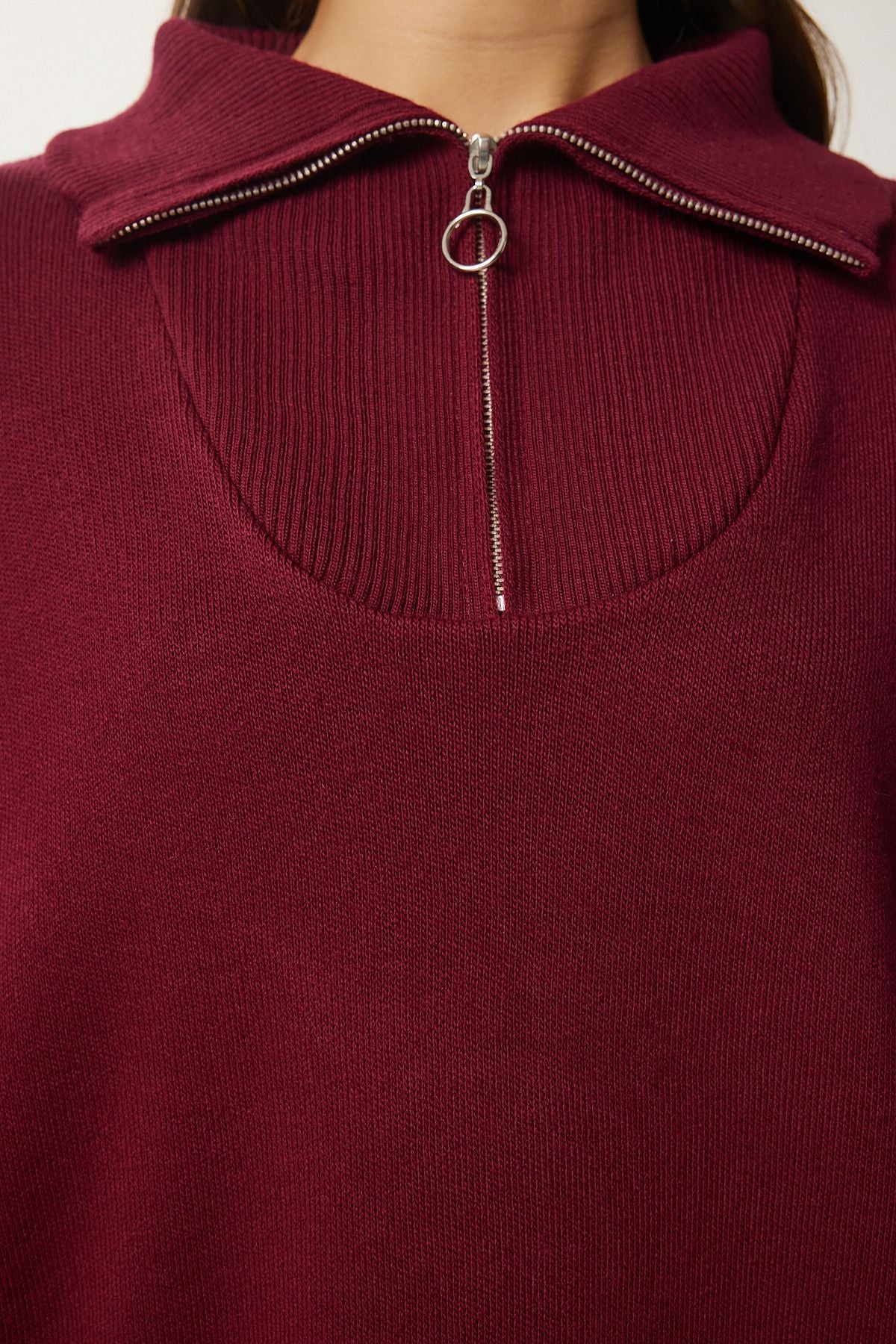 Female Bordeaux Zippered Neck Basic Knitwear Kazakh PF00007