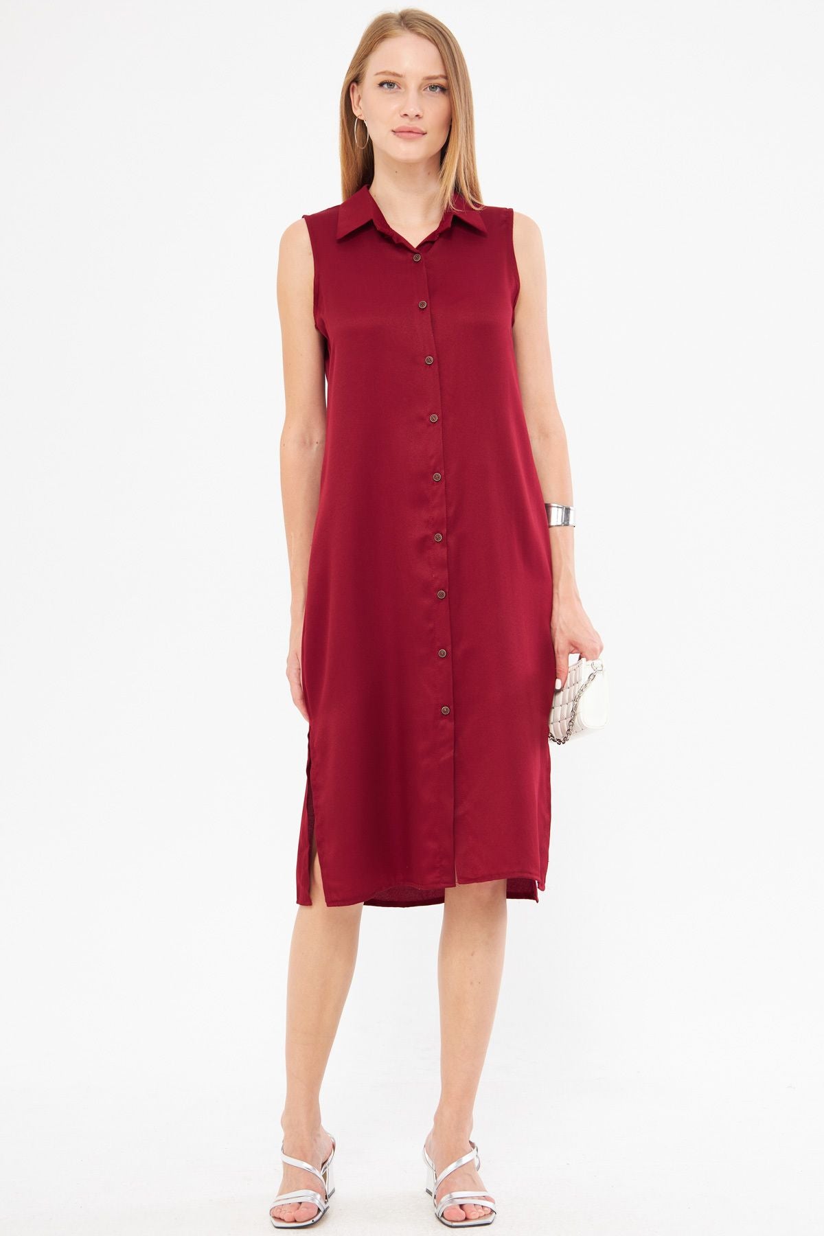 Female burgundy collar buttoned dress ARM-17Y00028