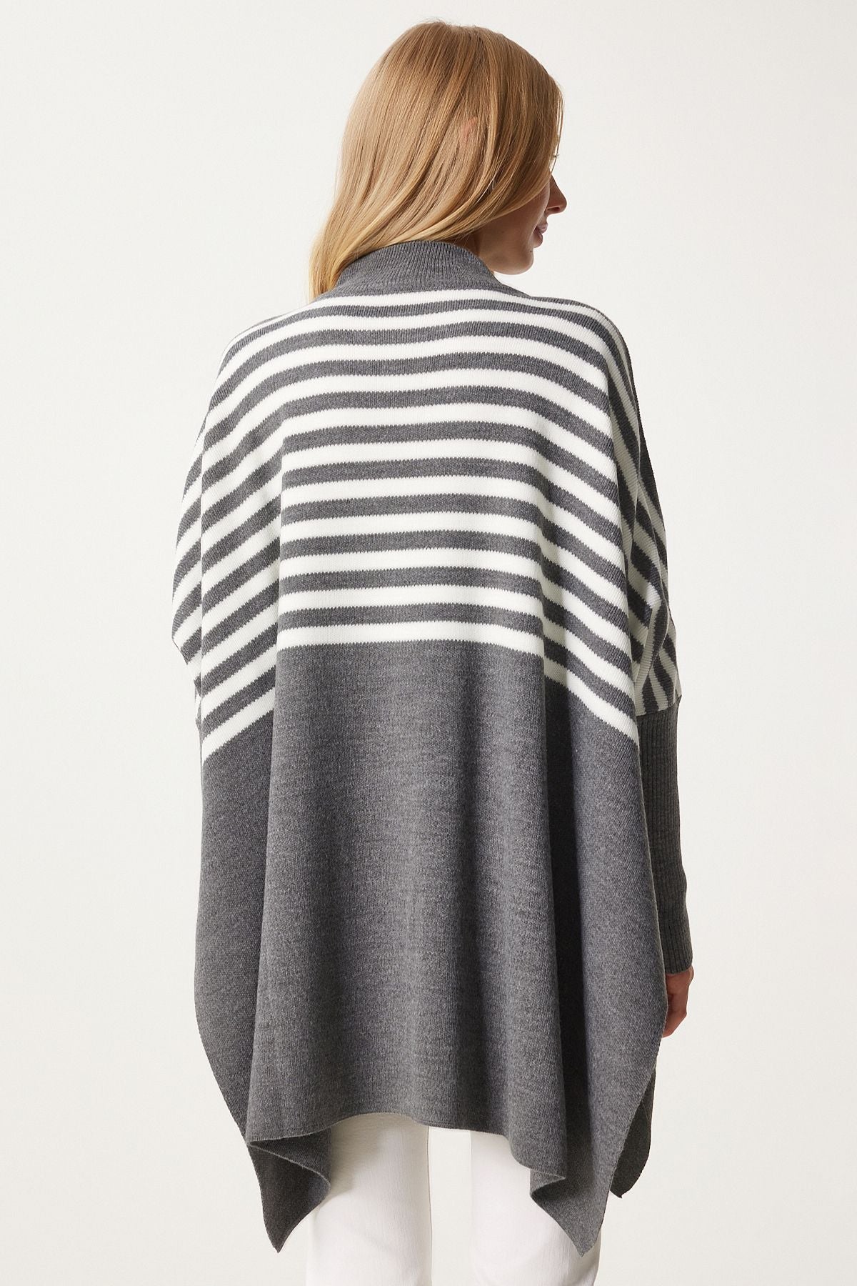 Women's gray striped side slit overlawing poncho sweater DD01336