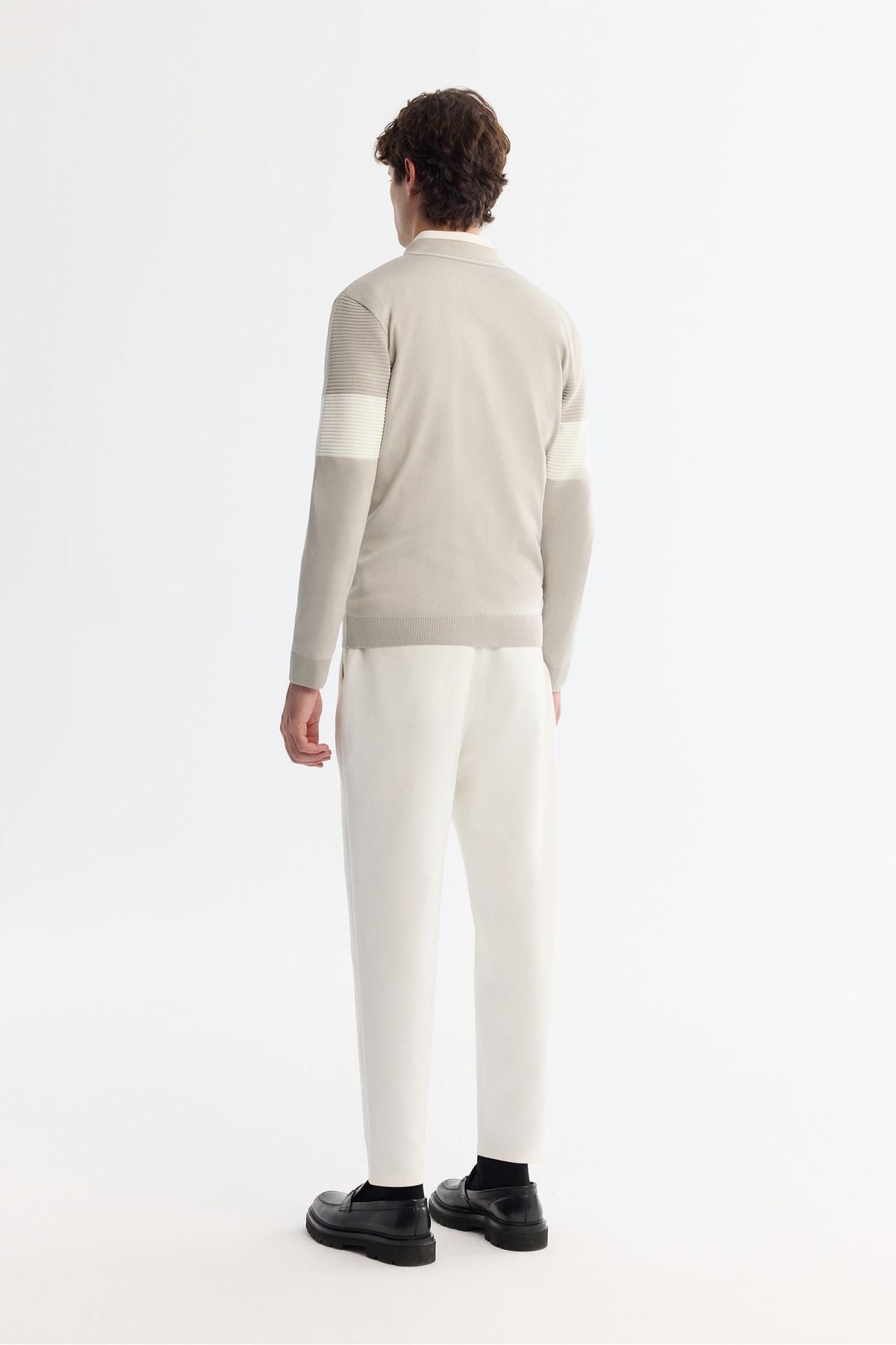 Men's light gray zipper polo collar block colored knitwear sweater A42Y5030