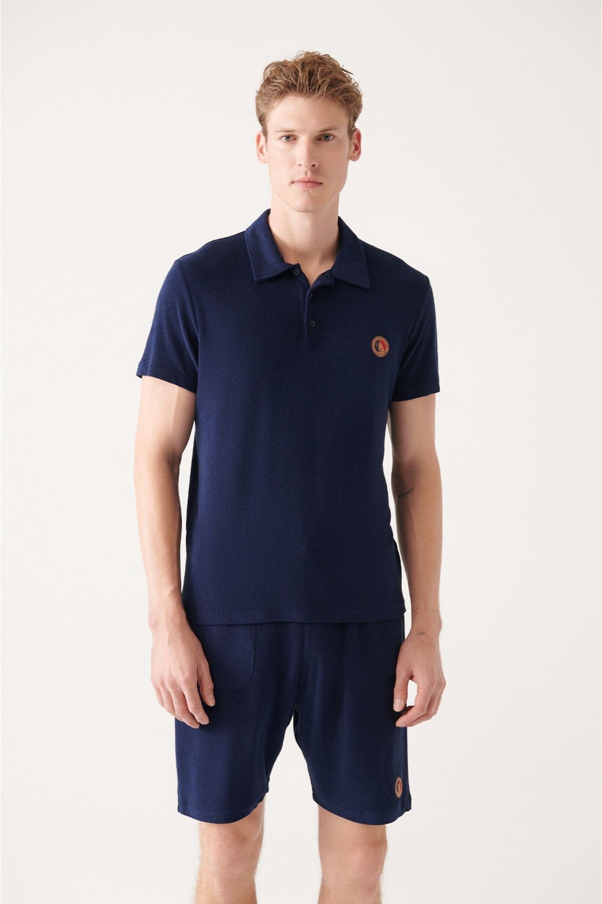 Men's Navy Soft Touch Towel Marine Printed Polo Yaka T-shirt A31y1033