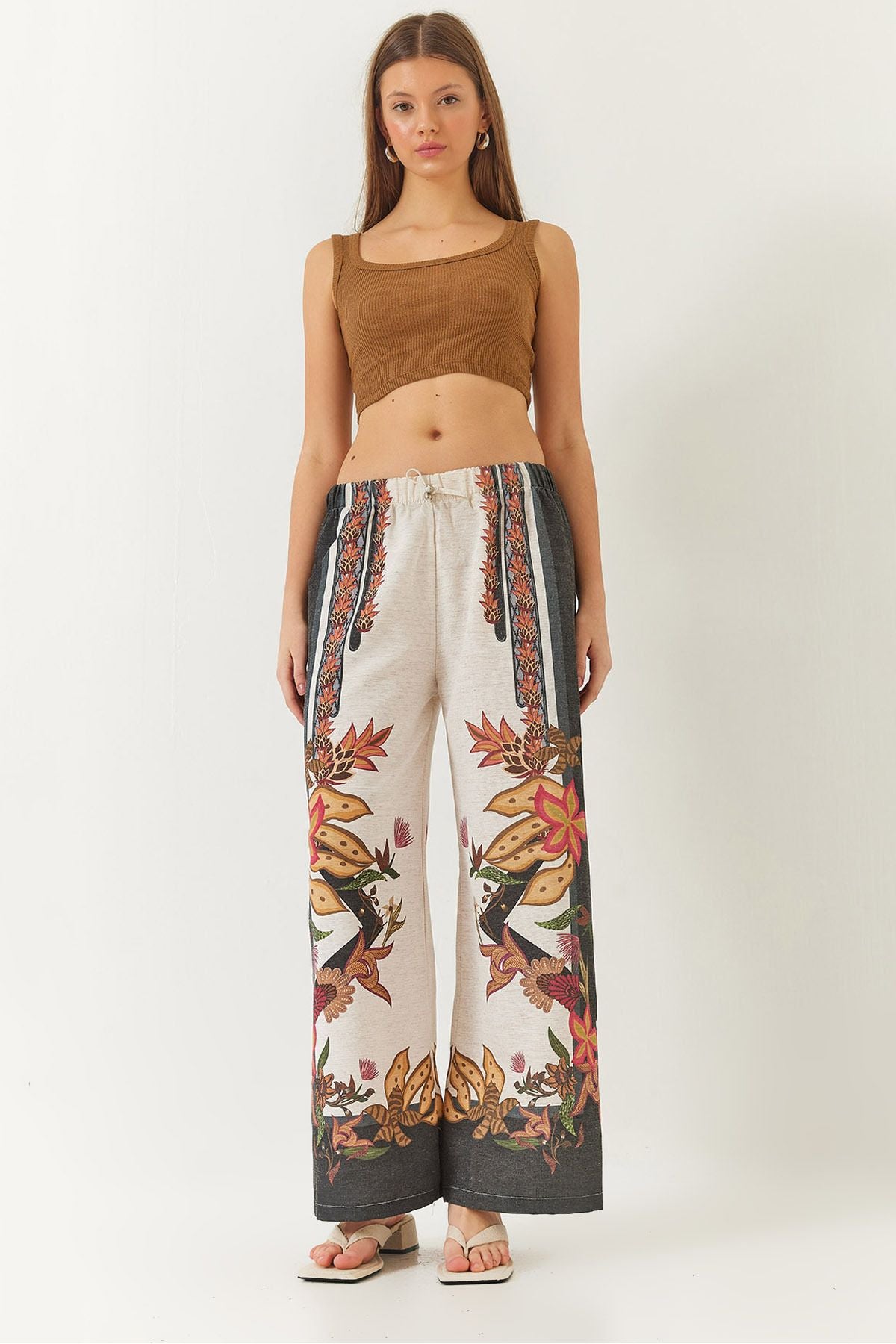 Women's waist rubber baglama detailed patterned palazzo pants 60261416