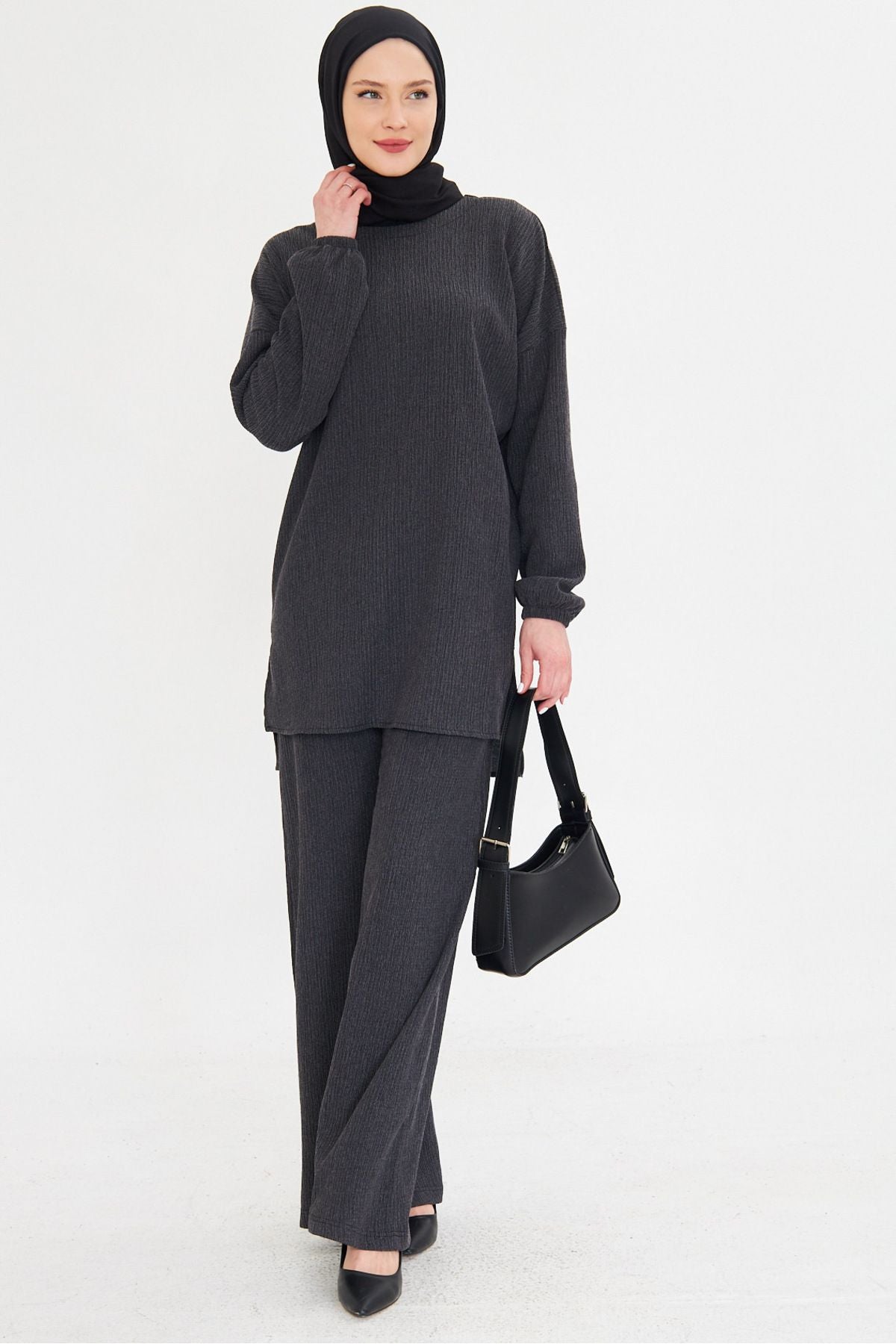 Woman Smoked Zero Yaka Arm Tire Side Slit Trousers Hijab Binary Set ARM-25K001109