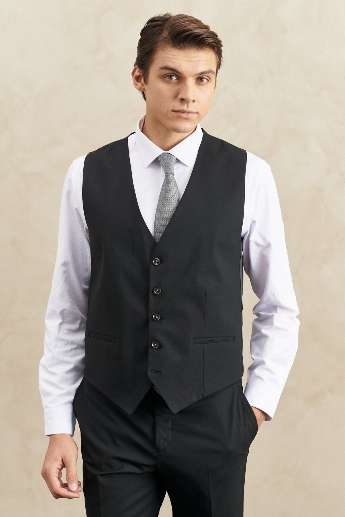 Men's black slim fit narrow cutting mono collar woolen vest water and stain -free nano suit