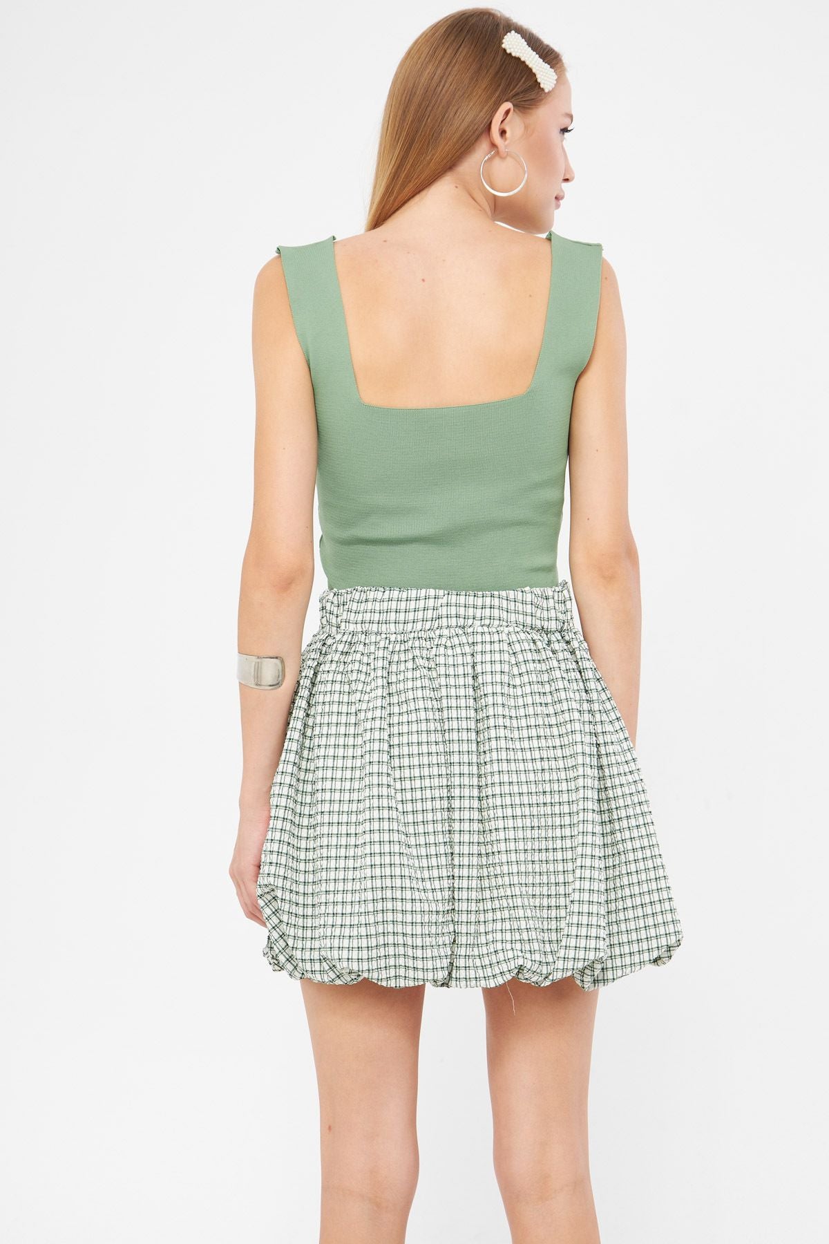 Female green plaid fabric back with rubber side zipper balloon skirt ARM-24Y001107