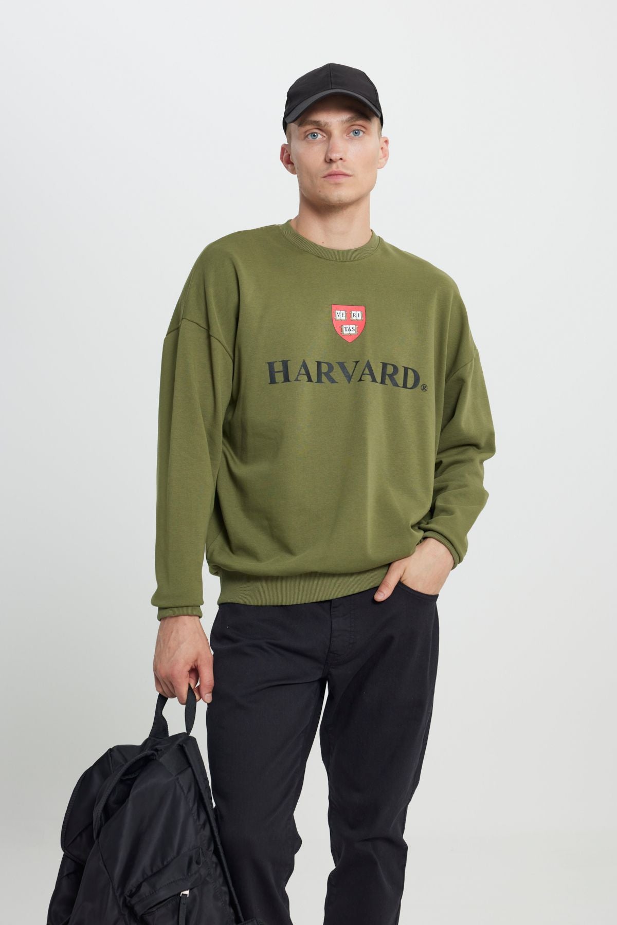 Men's Khaki Harvard licensed 3 thread cotton overwheeling fit abundant cut bicycle collar sweatshirt