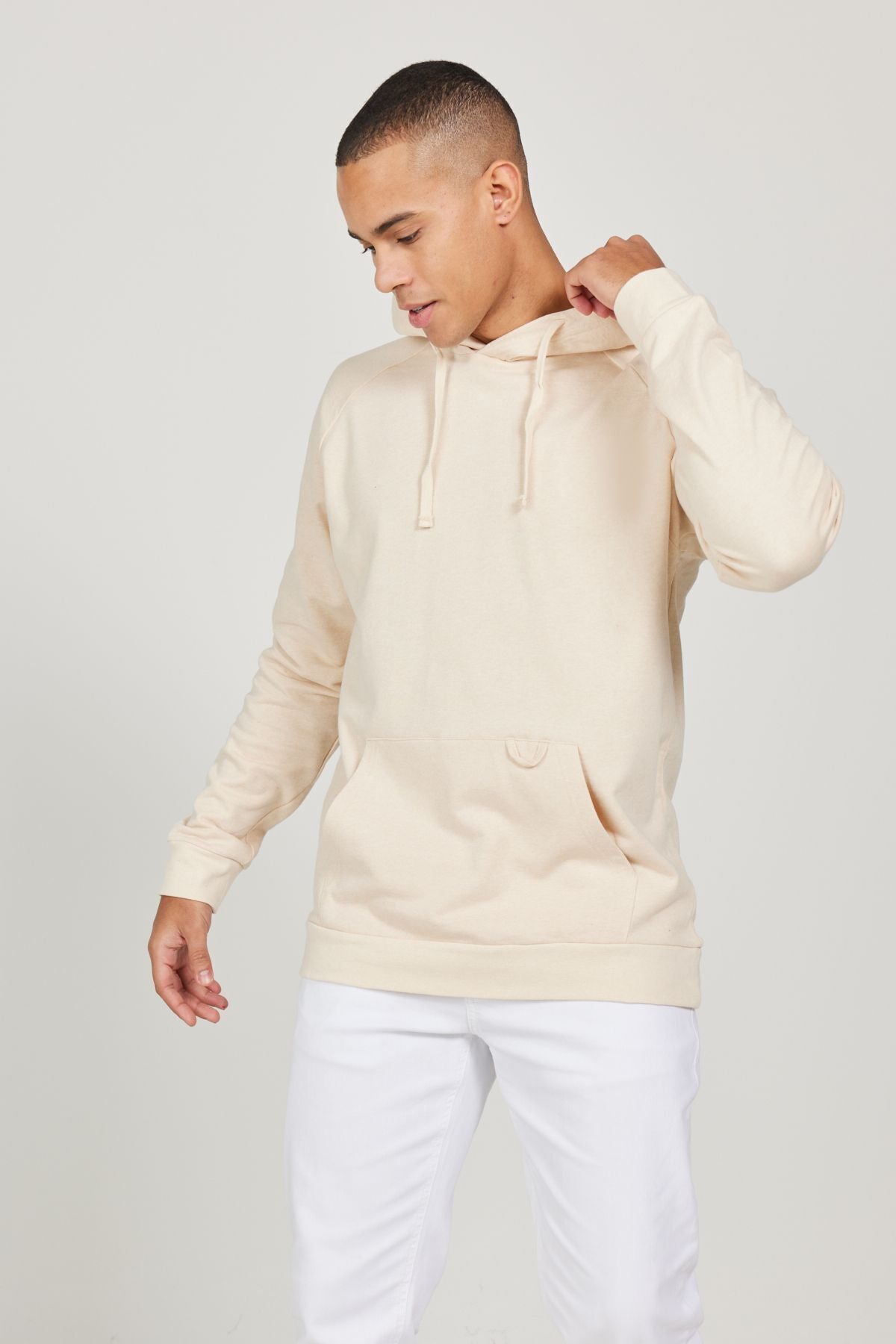 Men's Beige 100 %Cotton Standard Fit Normal Cutting Hooded Long Sleeve Sweatshirt