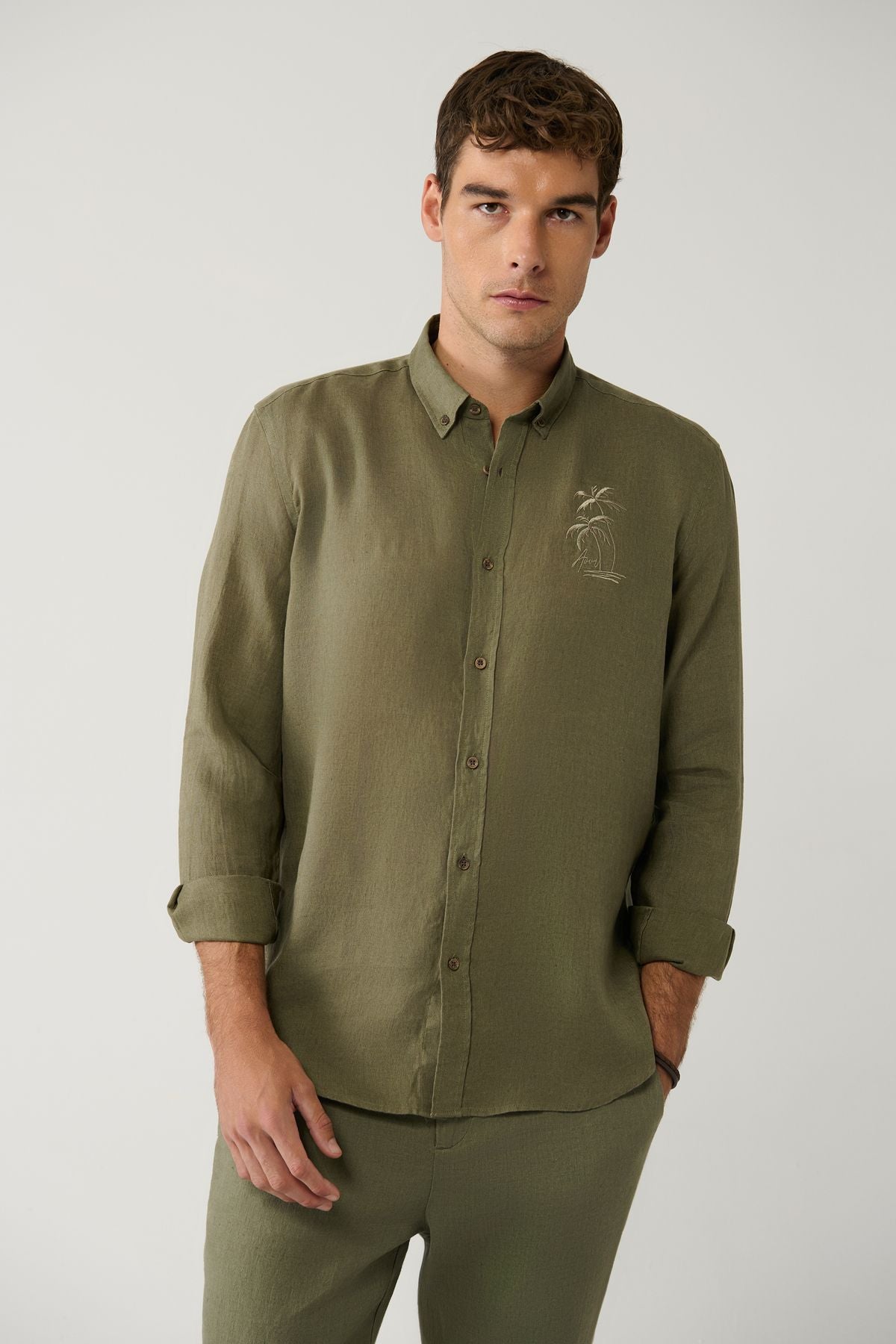 Male Khaki Buttoned Neck 100 %Linen Embroidery Shirt A41y2232