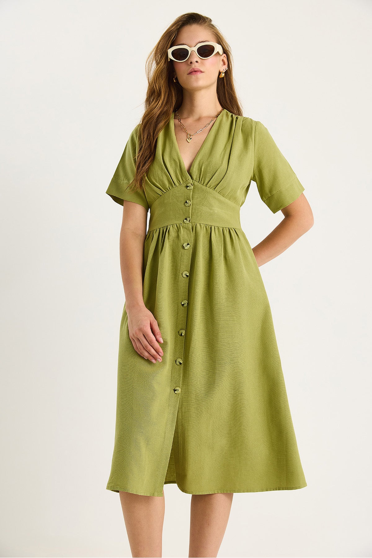 Women's V-Neck Waist Detailed Buttoned Short Sleeve Viscose Linen Dress 5260 60281100