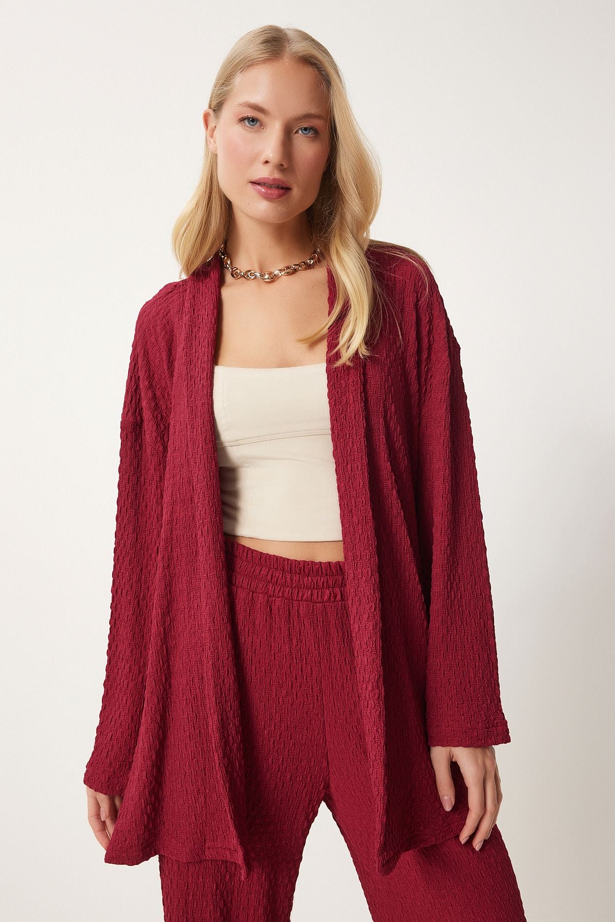 Female burgundy textured knitted kimono pants set RG00046