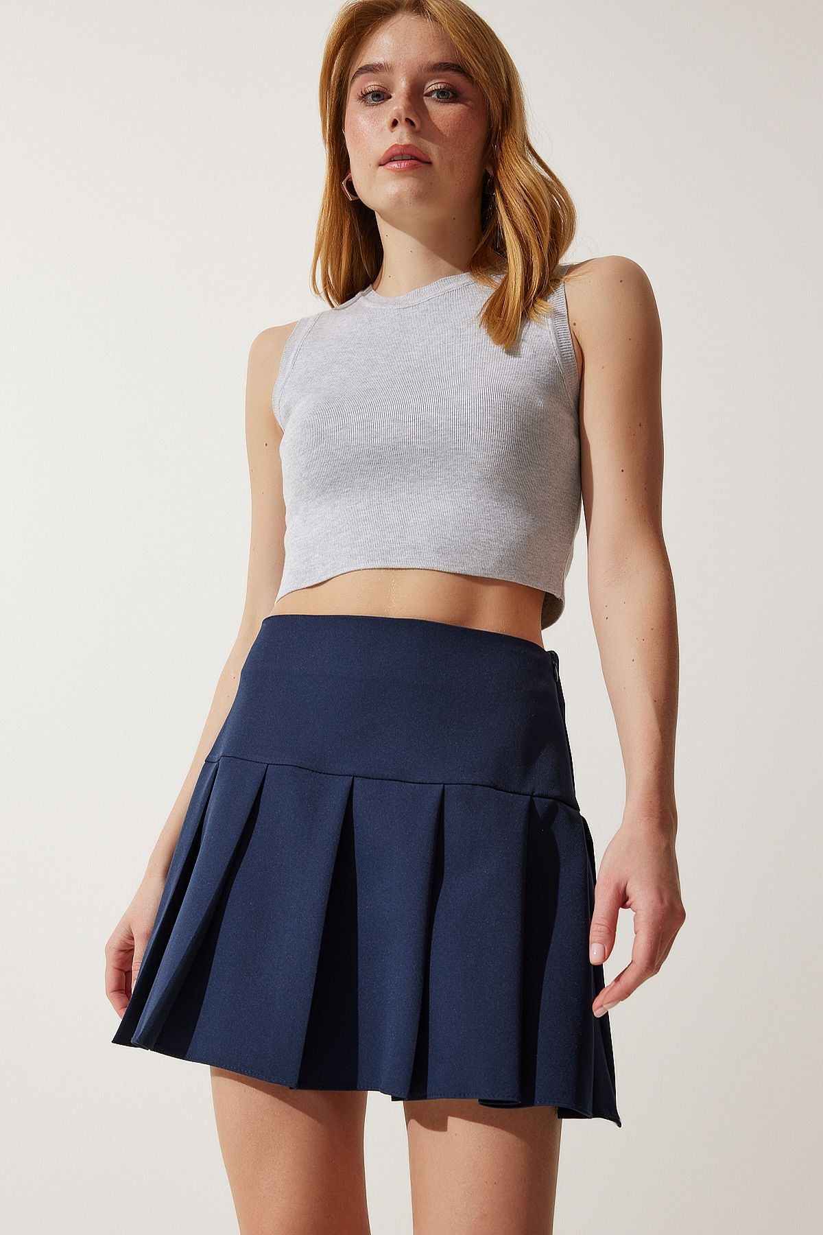 Female Navy Blue Pleated Mini Woven Skirt RV00158