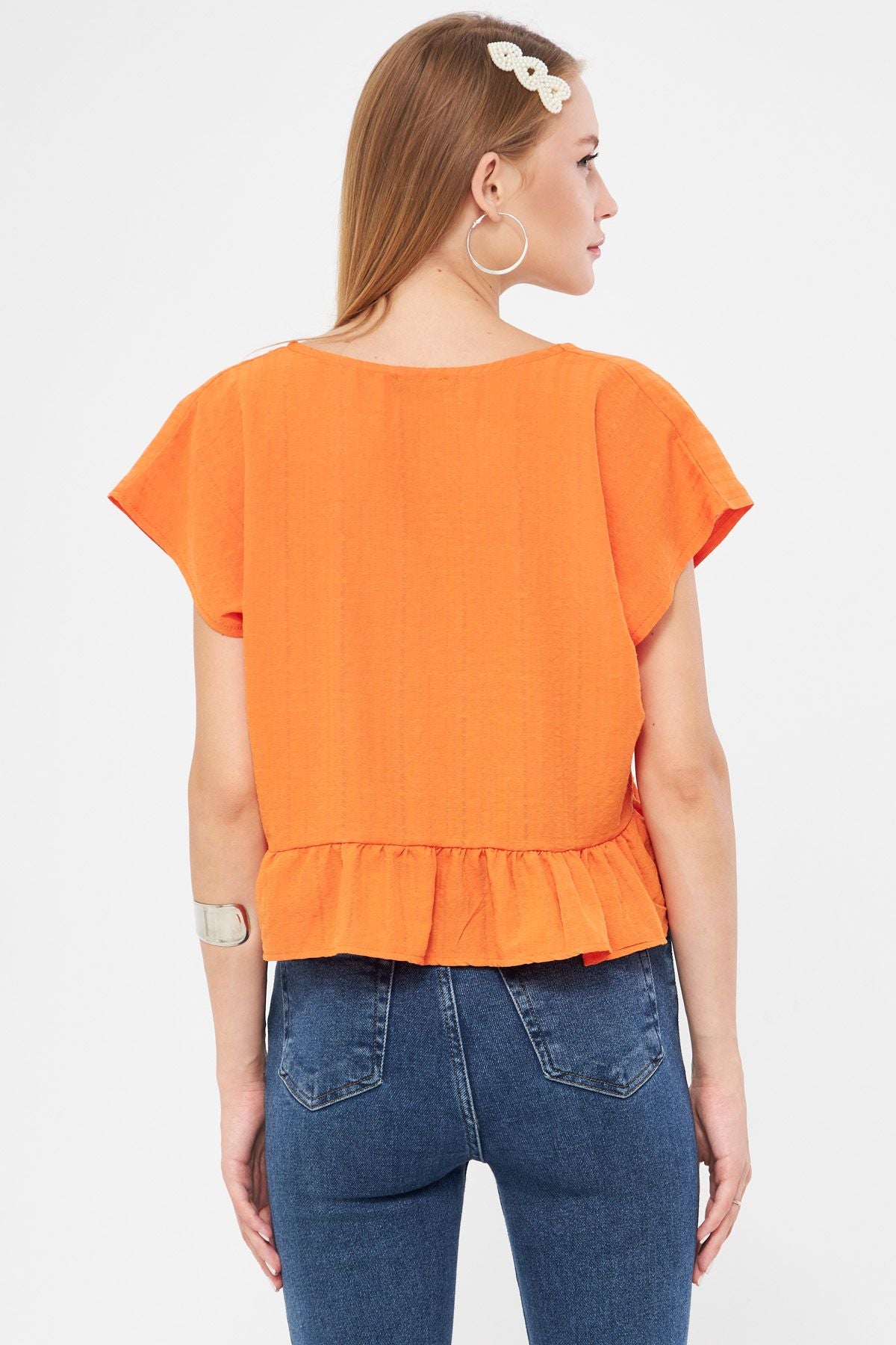 Women Orange Bat Arm collar connecting skirt frilly overwheeling Crop blouse ARM-24Y001088