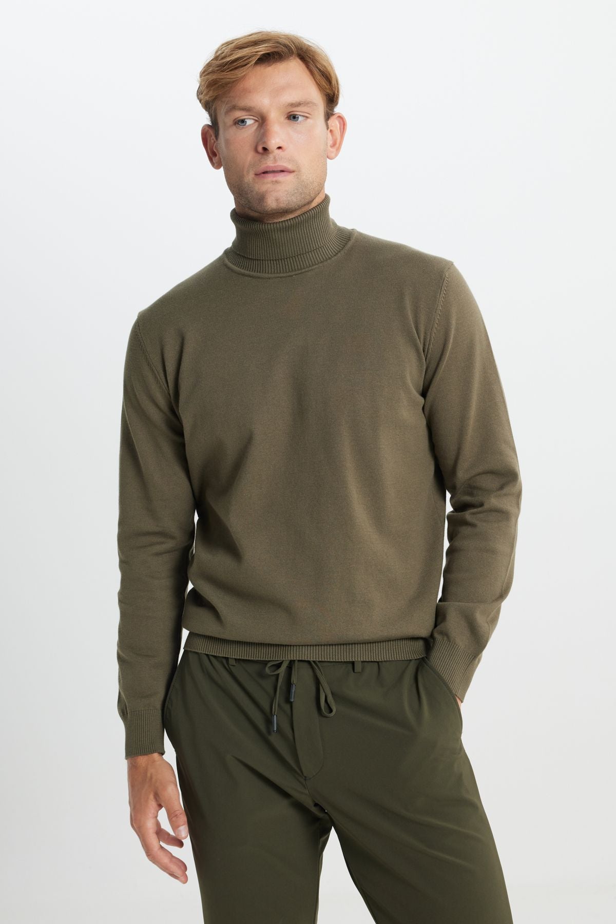 Men's Khaki Cotton Standard Fit Normal Cut Full Fisherman Neck Basic Knitwear Sweater