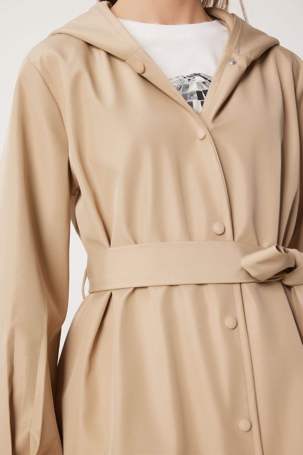 Female Beige Hooded Born Short Trench Coat DD01335