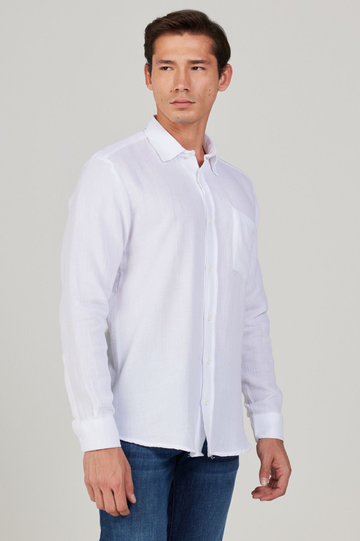 Men's White Comfort Fit Wide Classic Collar 100 %Cotton Muslin Shirt