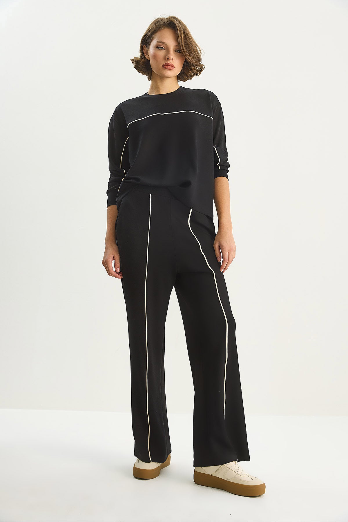 Women's Bikini Neck Long Sleeve Top Elastic Waist Loose Bottom Bias Detailed Modal Suit 60283620