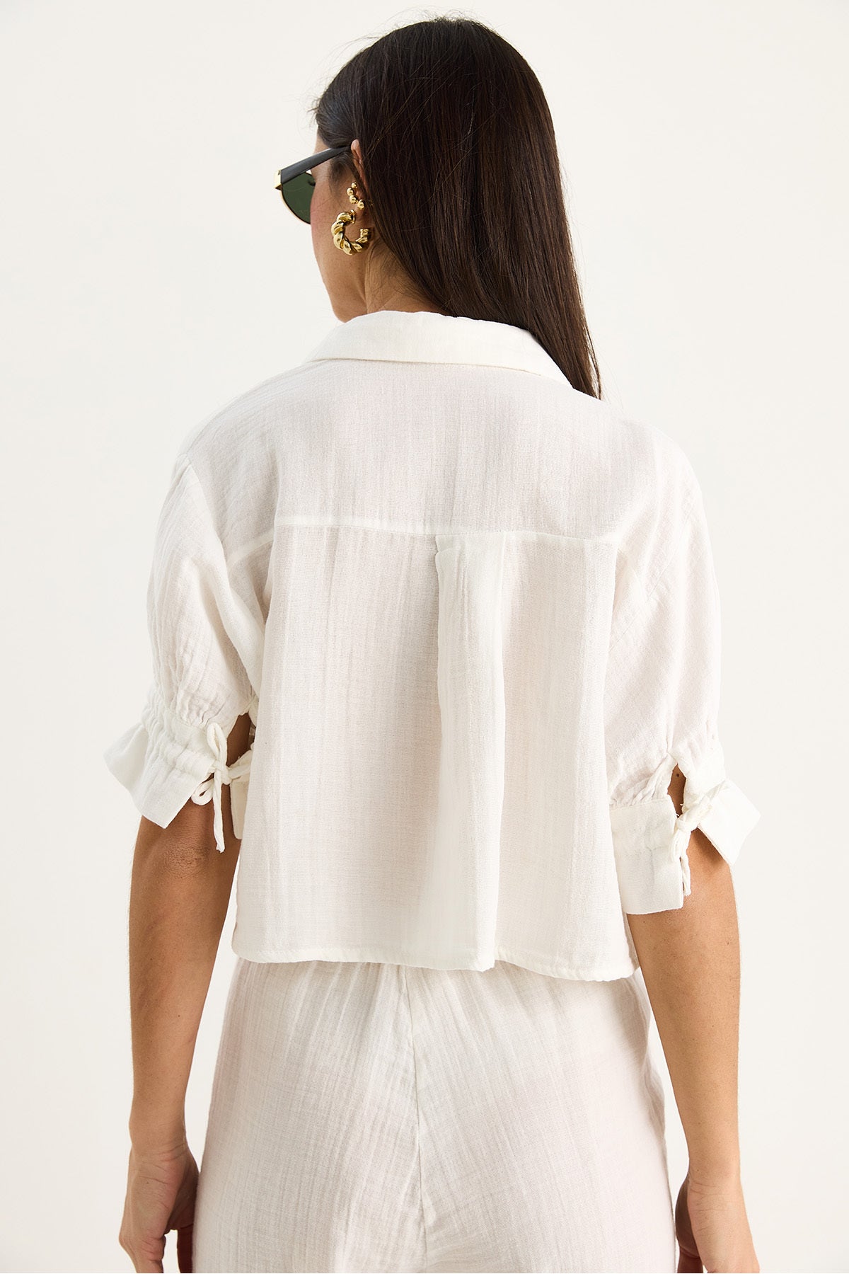 Women's Tie Detailed Sleeves Gathered Muslin Crop Shirt 2111 60283446