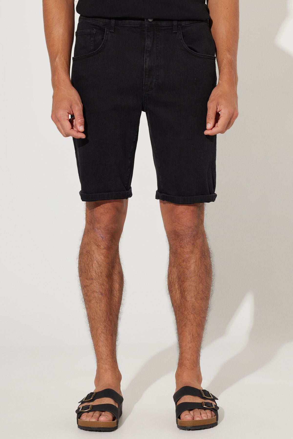 Men's black slim fit narrow cut cotton flexible denim shorts