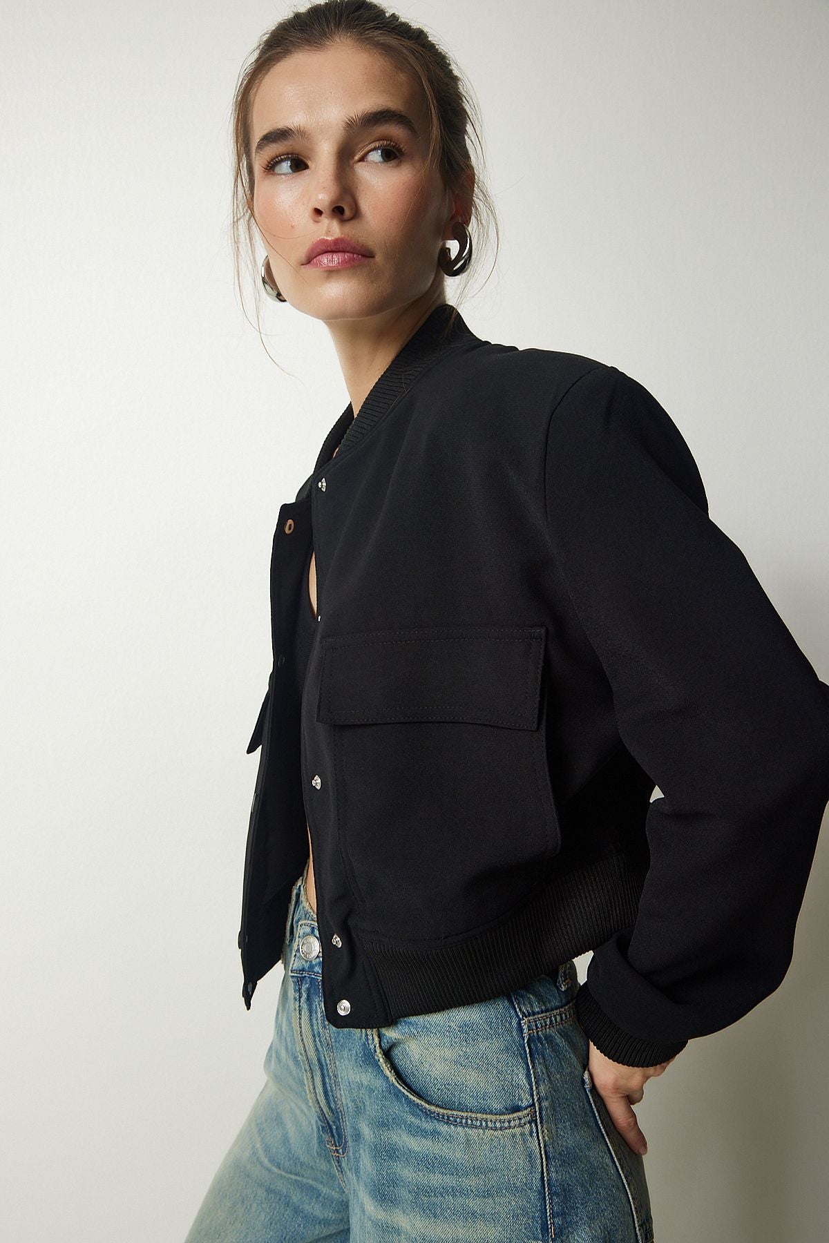 Female Black Wide Pocket Bomber Jacket FN03041