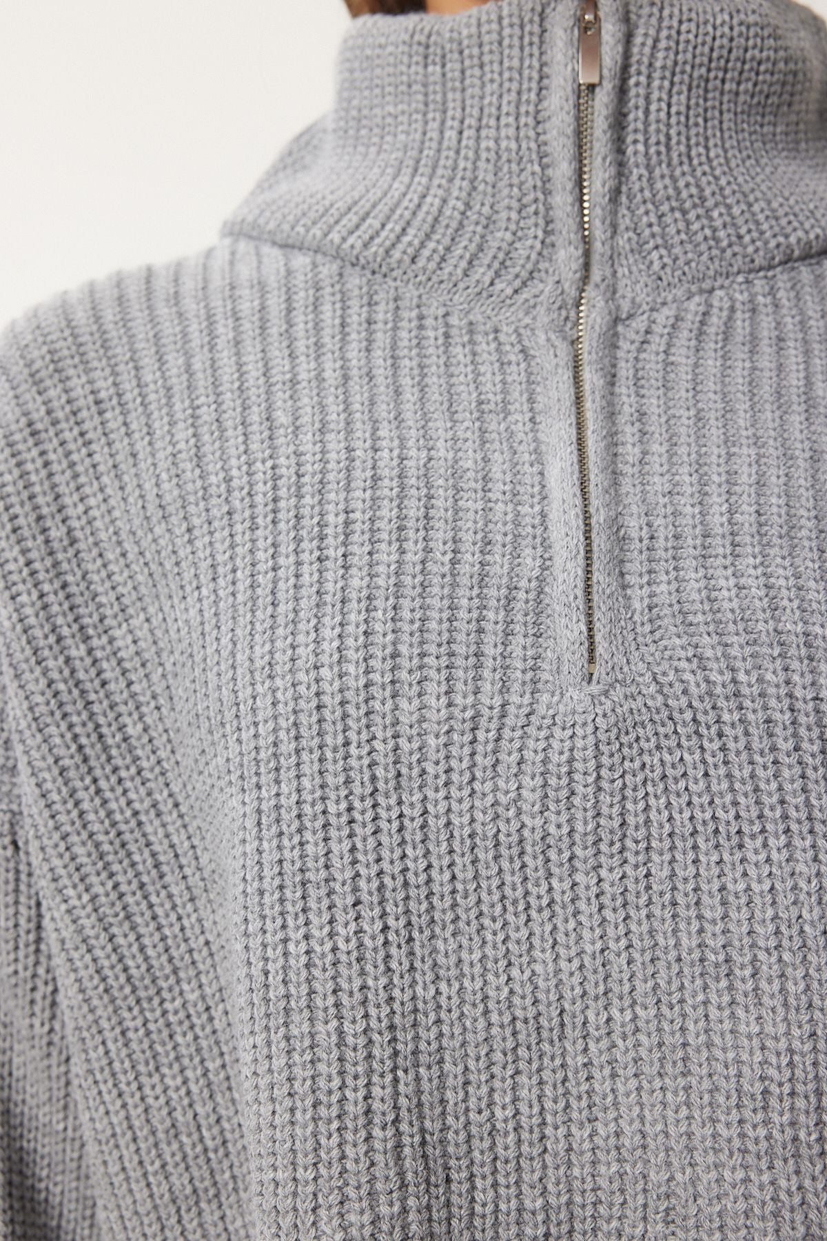 Women's Gray Zippered Fisherman Yaka Knitwear Kazakh MX00124