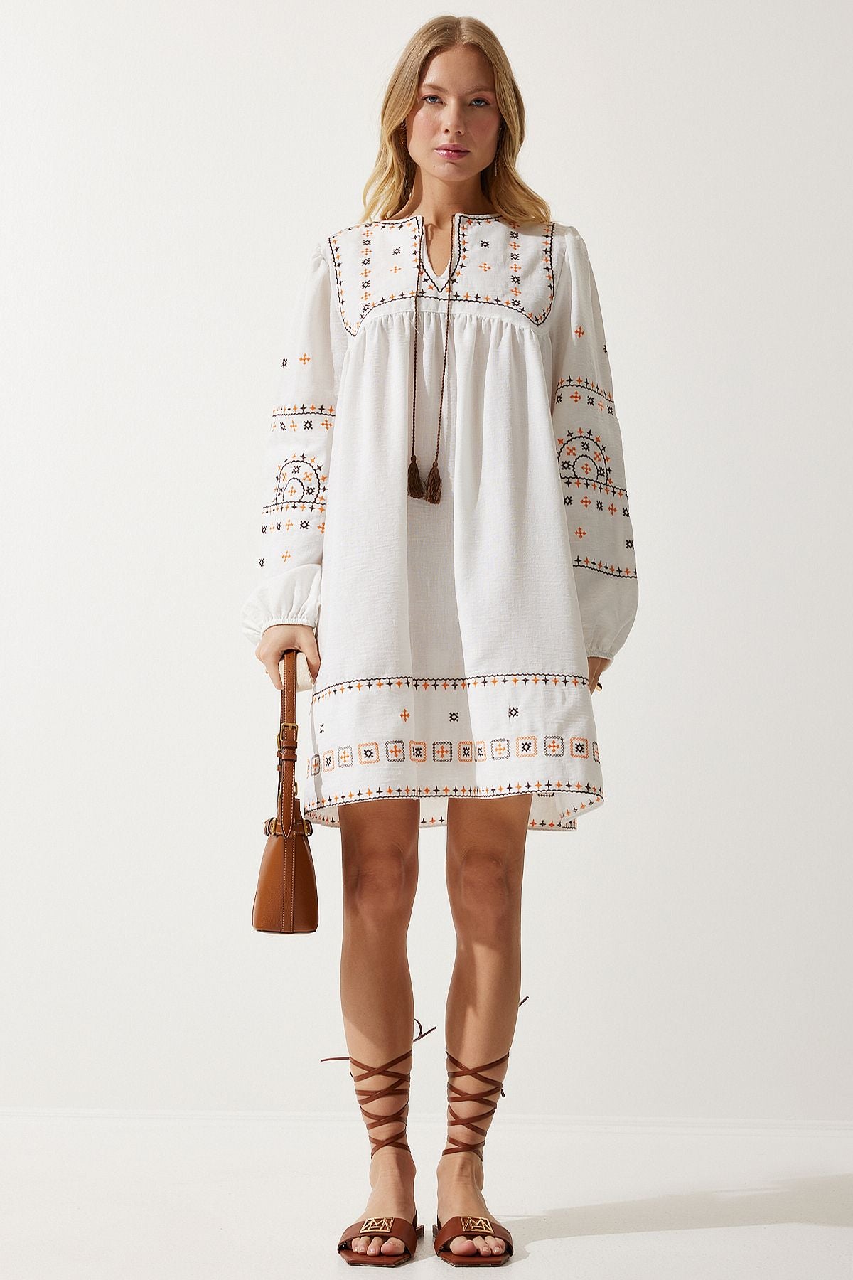 Woman Ecru Embroidery Woven Linen Dress RG00007