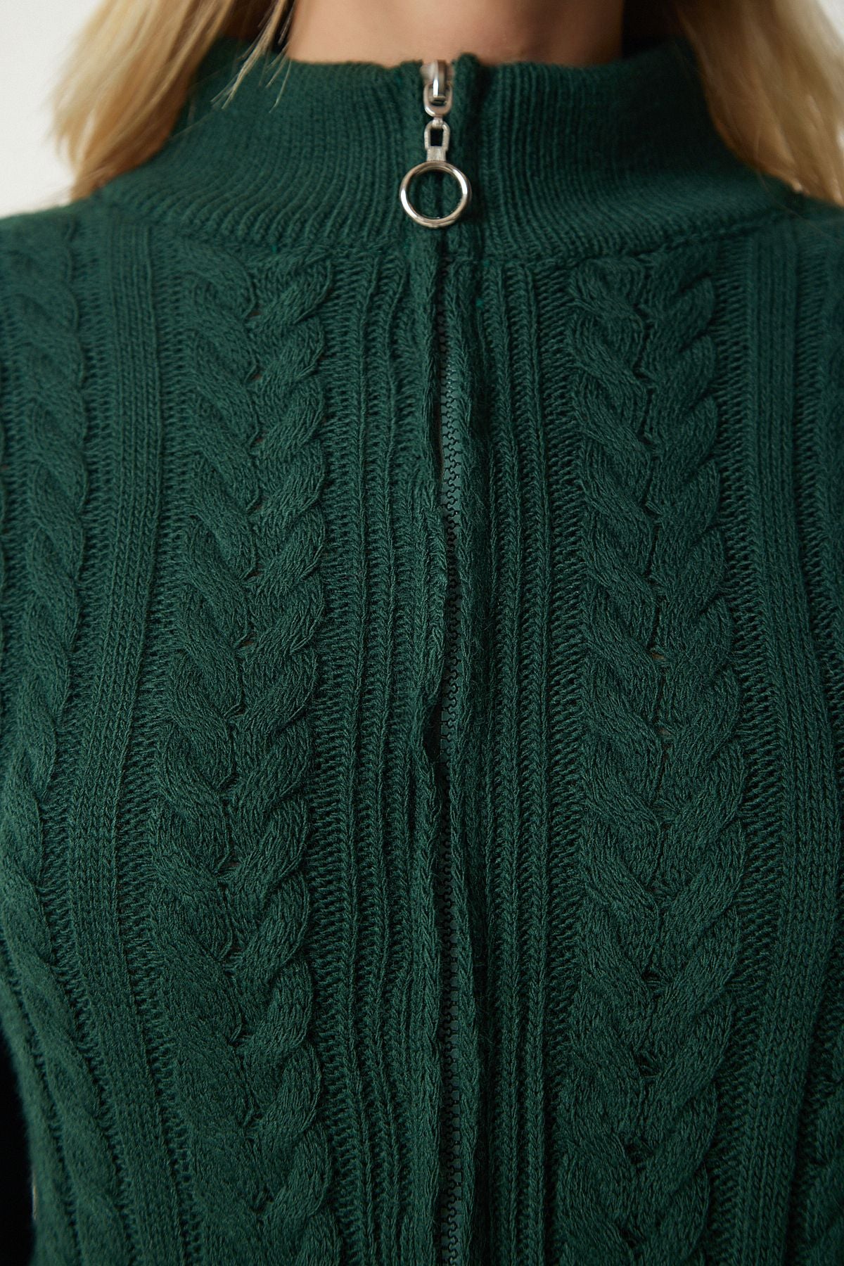Female emerald green zipper knitting motif knitwear cardigan yy00174