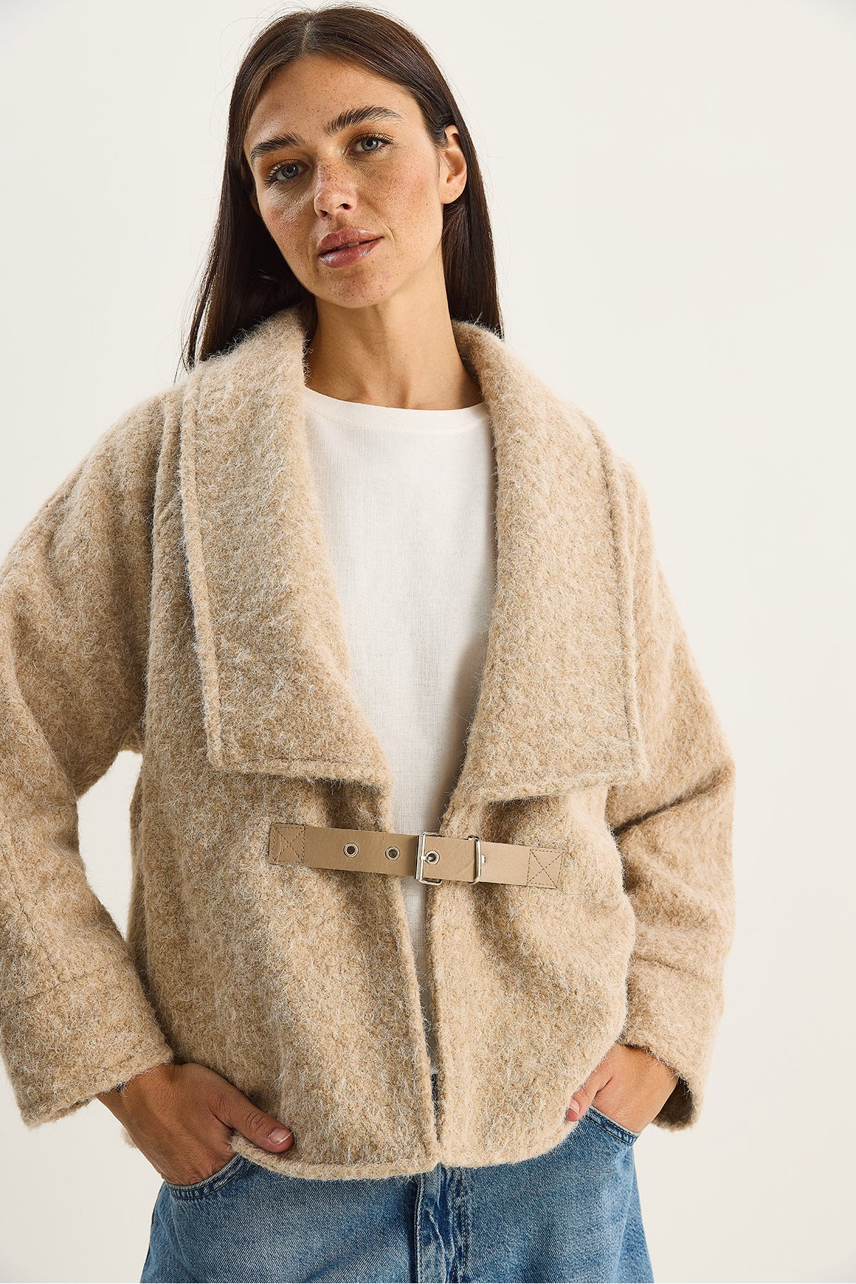 Women's Belted Lined Felt Jacket Coat 2062 60283746