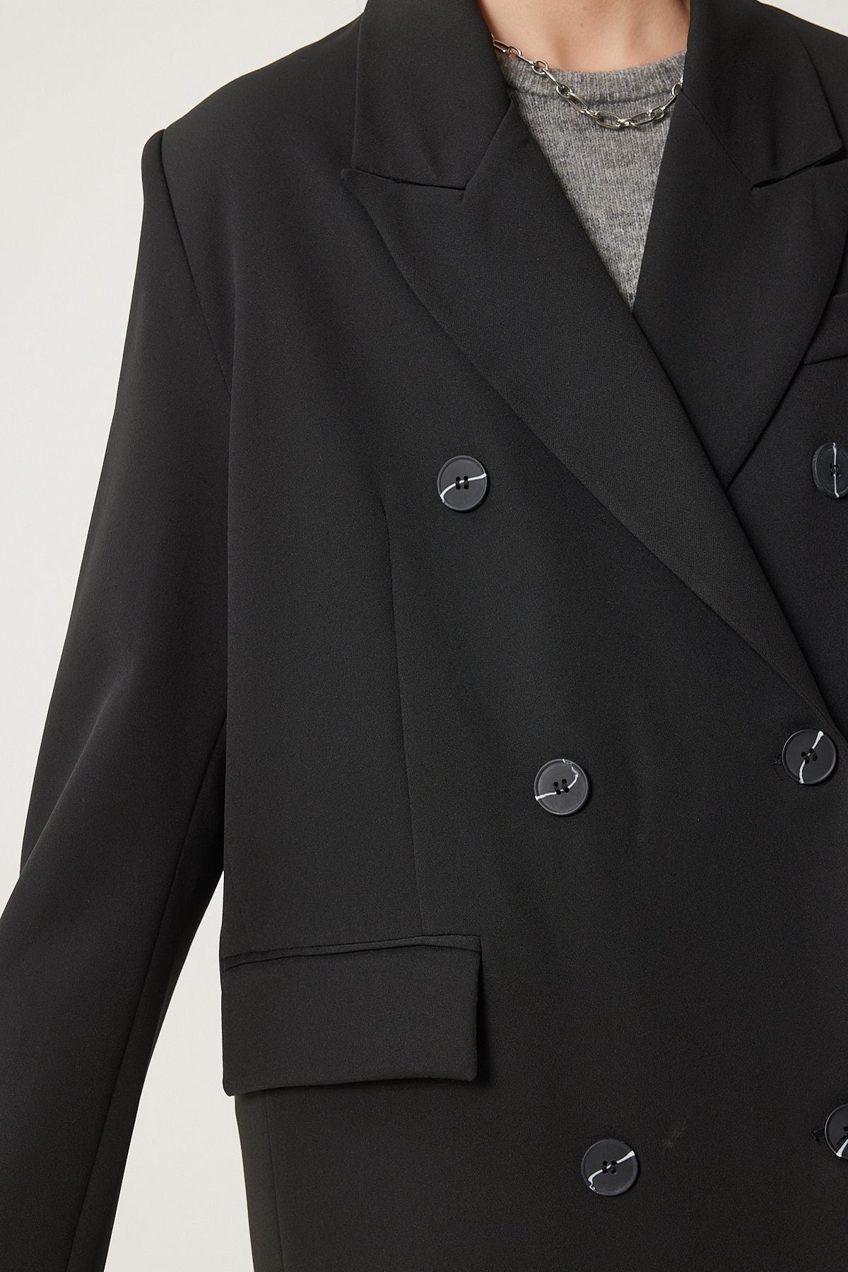 Female Black Shawl Yaka Oversize Premium Woven Jacket Coat FN03381