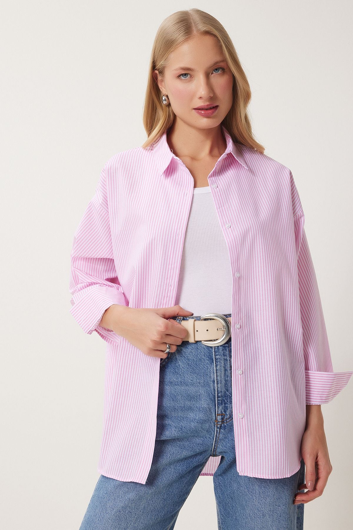 Woman Pink Striped Oversize Long Basic Shirt PX00001