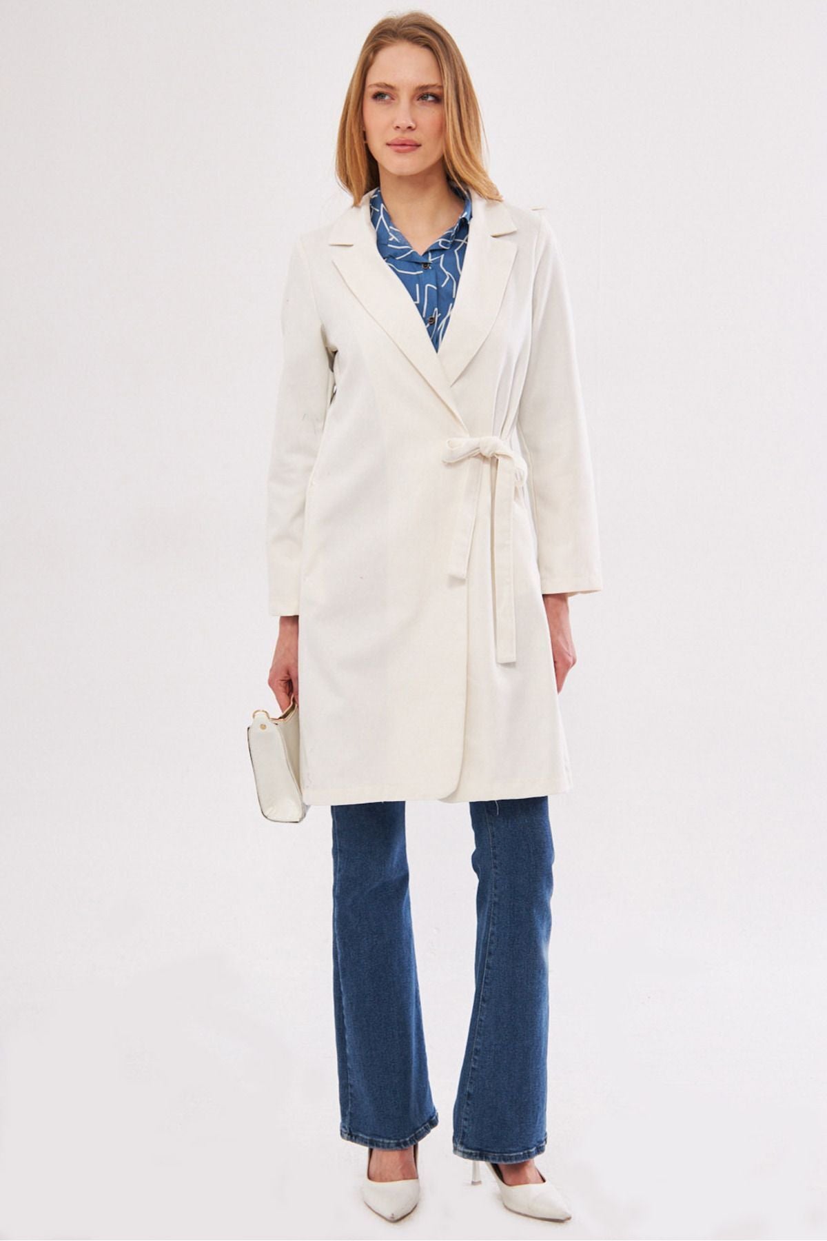 Woman Ekru Side Ties Long Coat ARM-24Y001019