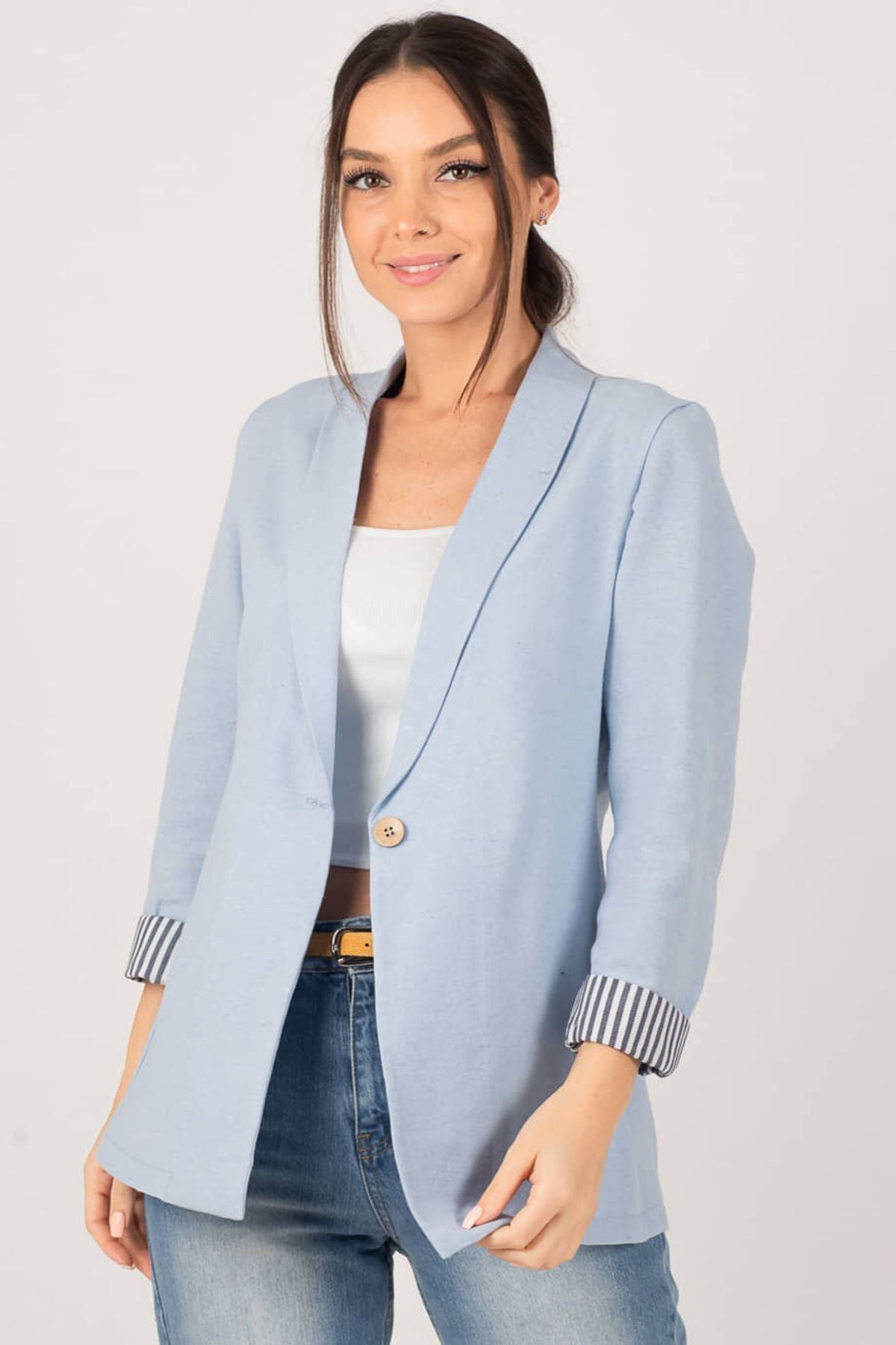 WOMEN BABY BLUE BLACK SOLD INCLUDED SINGLE buttoned jacket ARM-22K001122