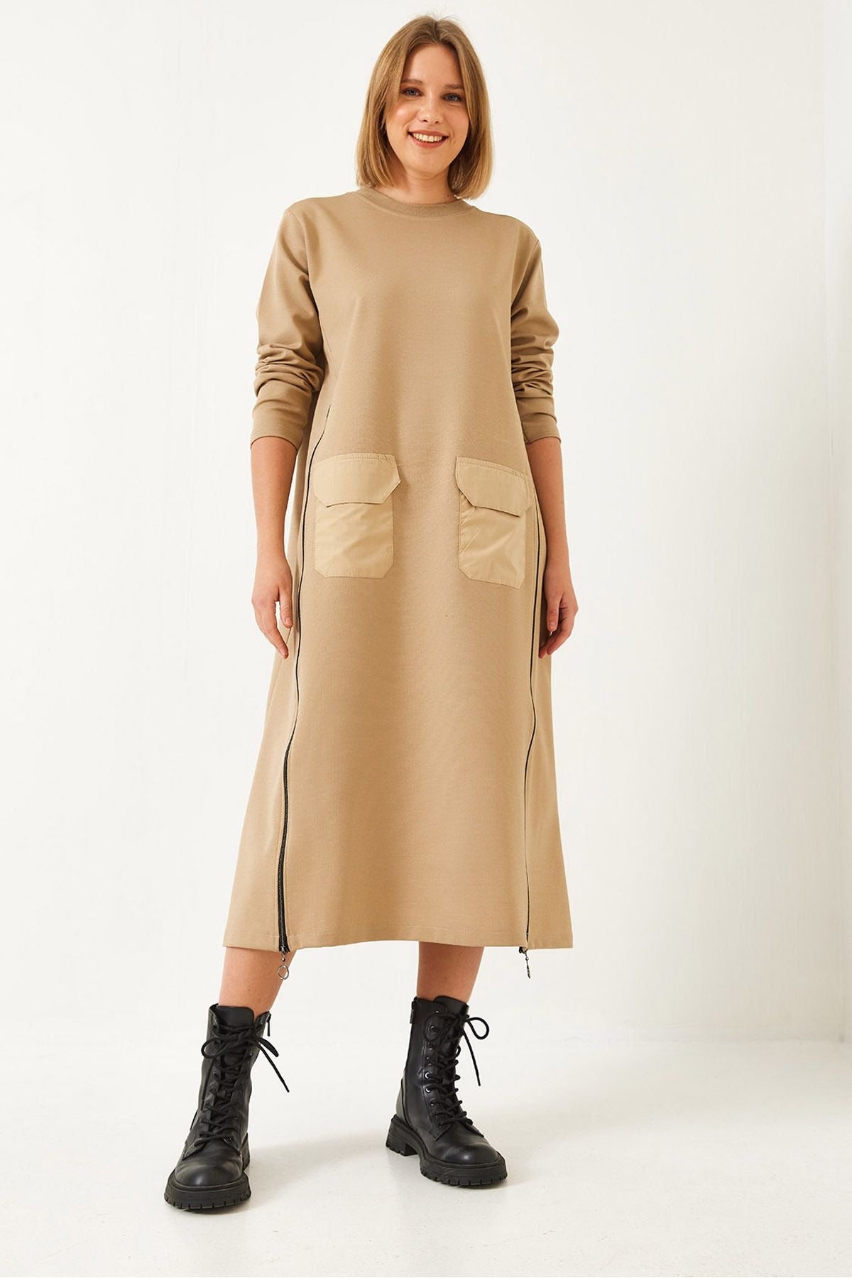 Women's sides with zipper double pocket long dress 8004 60351340