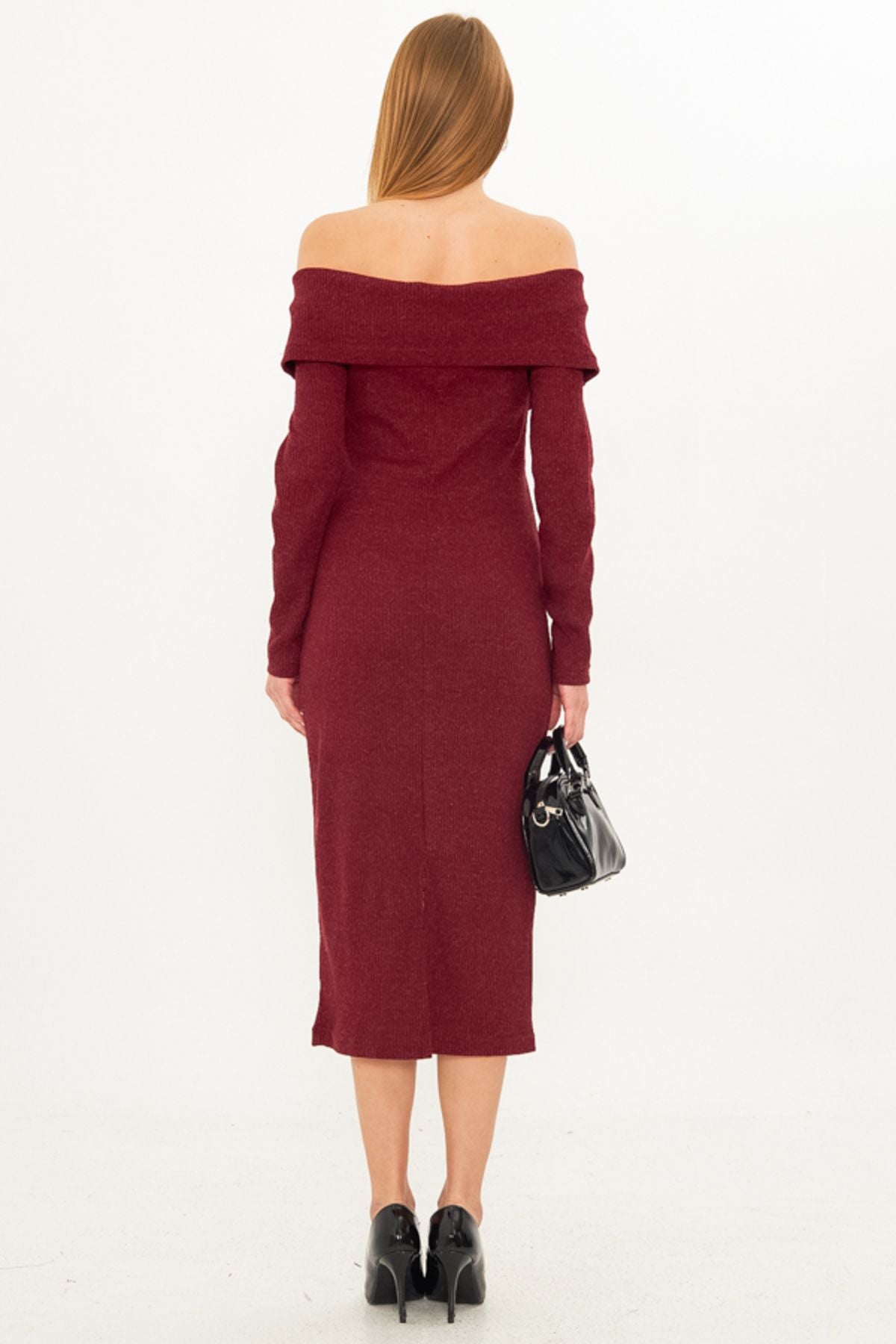 Female Bordeaux Low Shoulder Front Zippered Slit Midi Boynlet Dress ARM-25K001089
