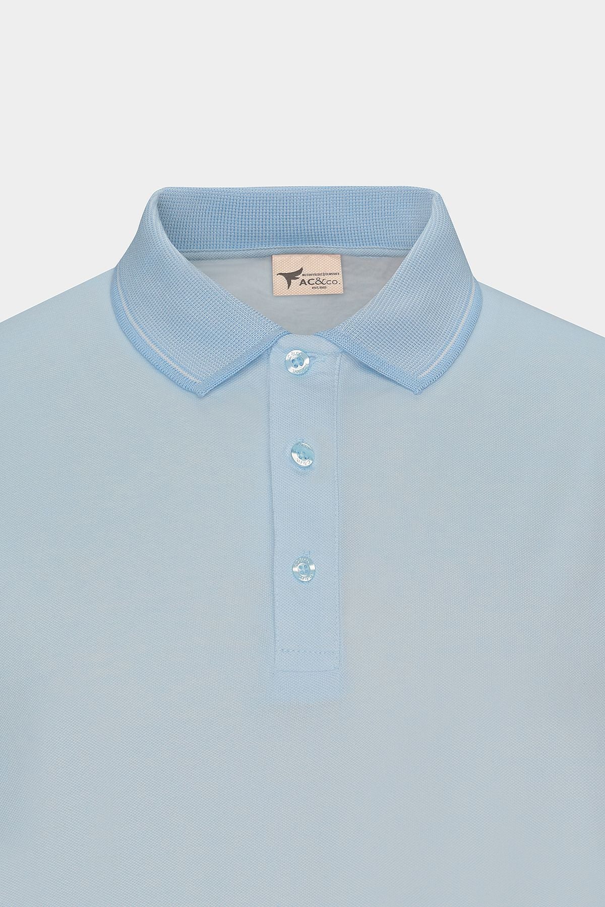 Men -Plugging Cotton Fabric Slim Fit Narrow Cut Light Blue Curled Polo Yaka T -shirt