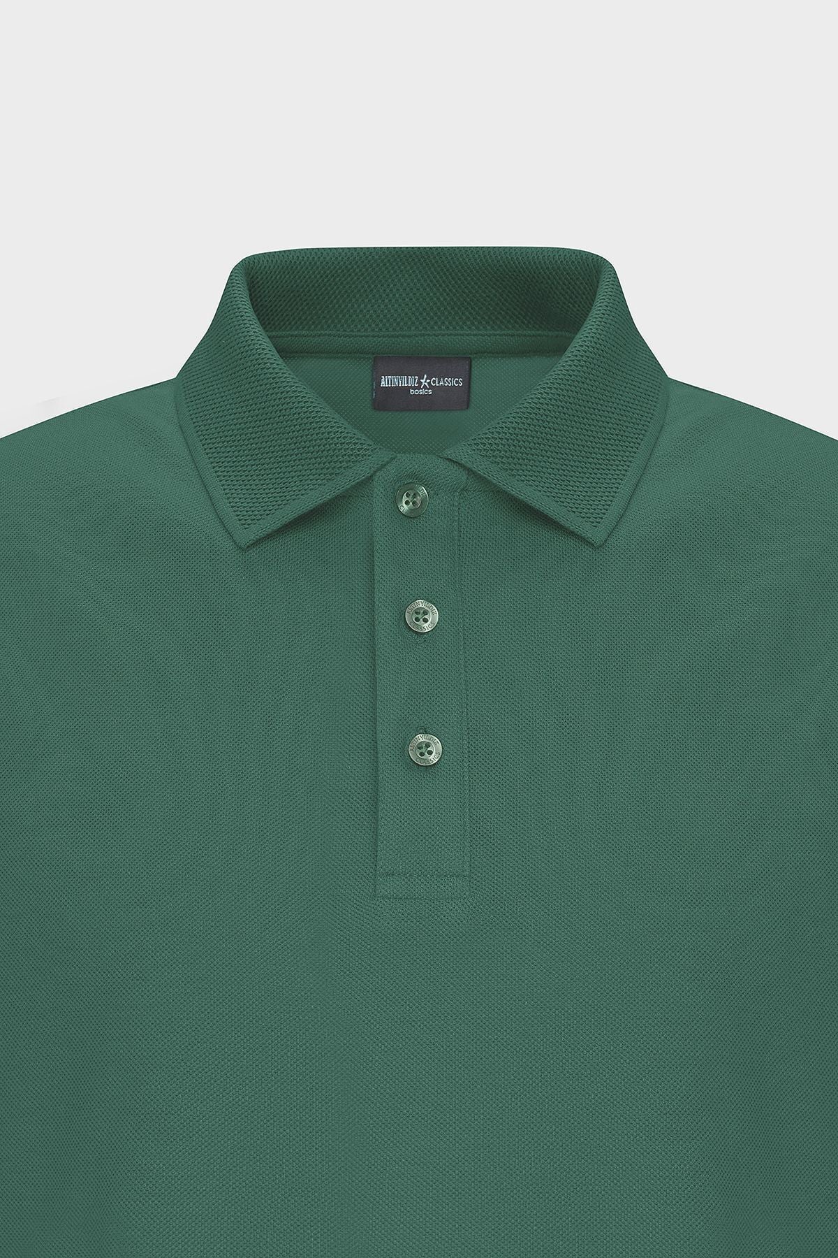 Men's Dark Green 100 %Cotton Curlled Pike Polo Yaka Slim Fit Narrow Cut T -shirt