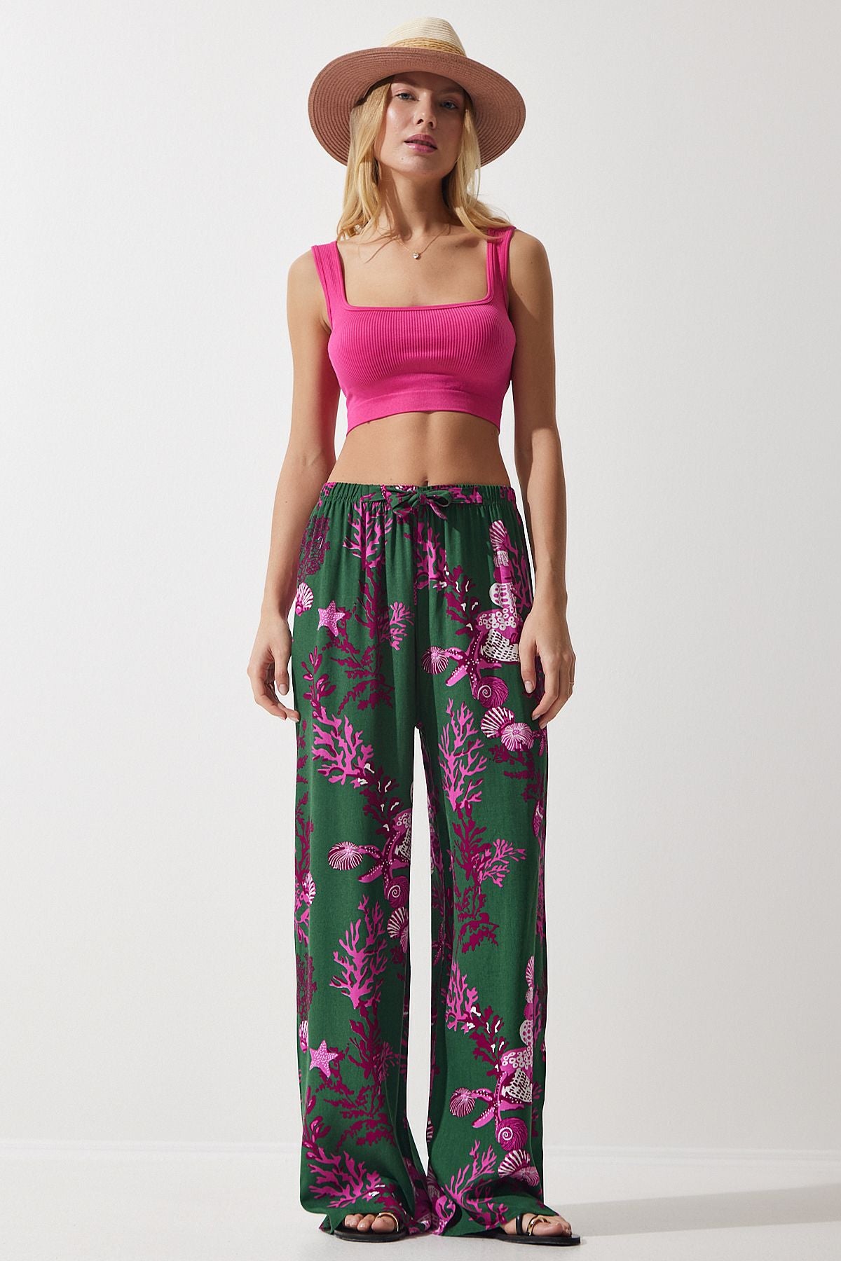 Woman Dark Green Fuchsia Patterned Viscose Palazzo Pants EN00606