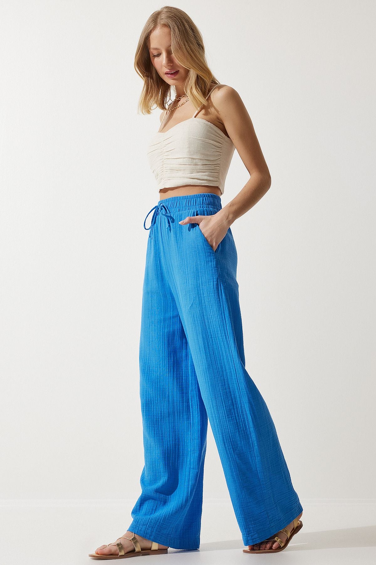 Woman Blue Muslin Palazzo Pants MX00160