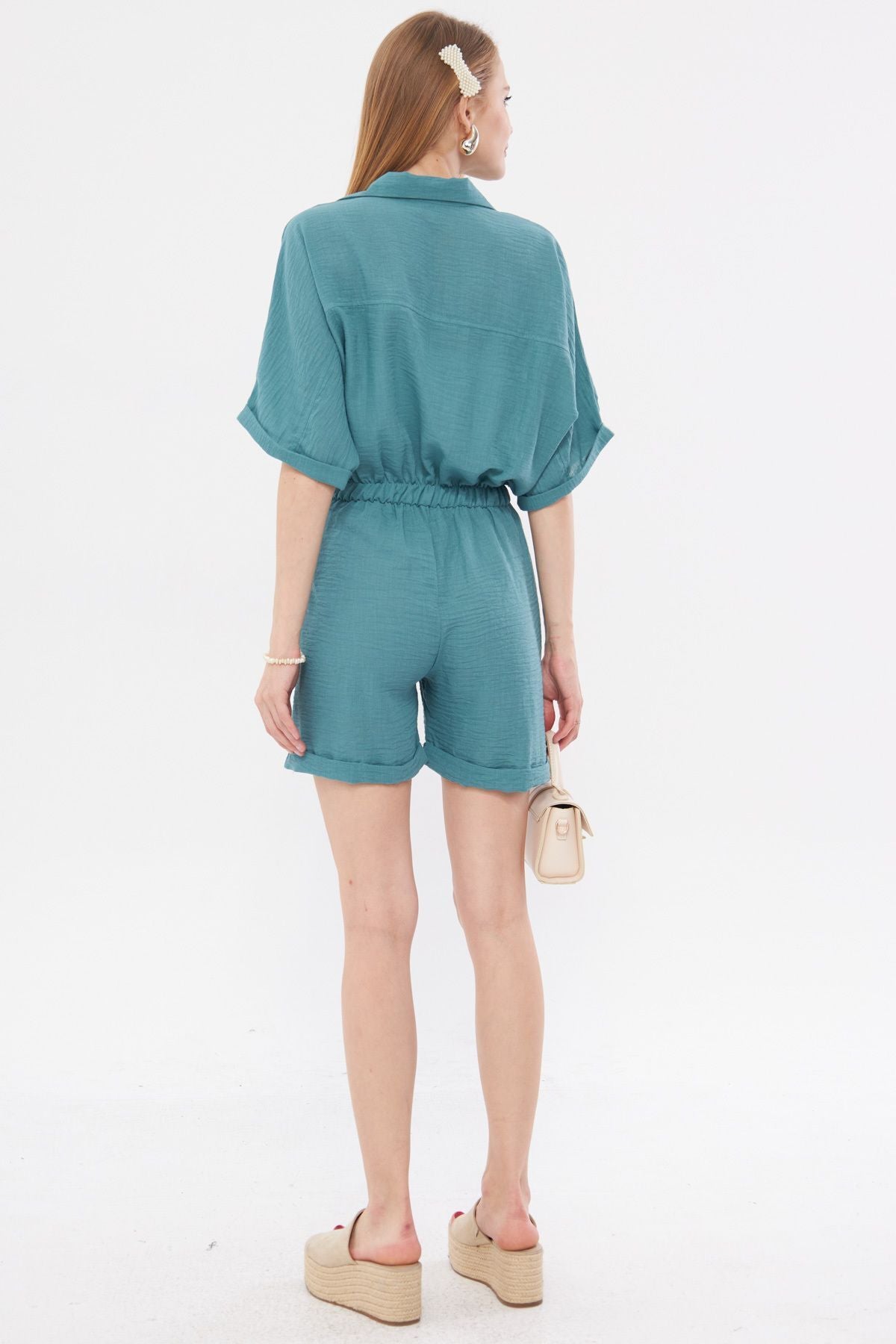 Female turquoise bat sleeve pocket waist waist tire shorts overalls ARM-23Y001075