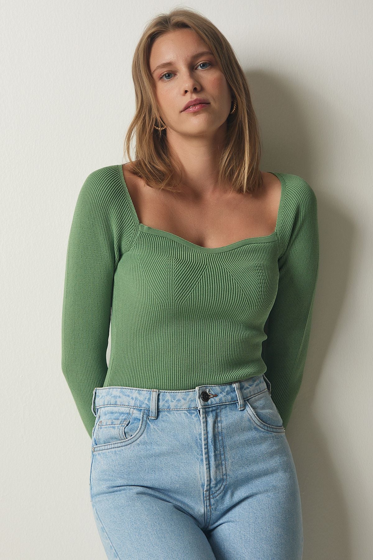 Women's Cagla Green Heart Collar Vum Triko Sweater US00738