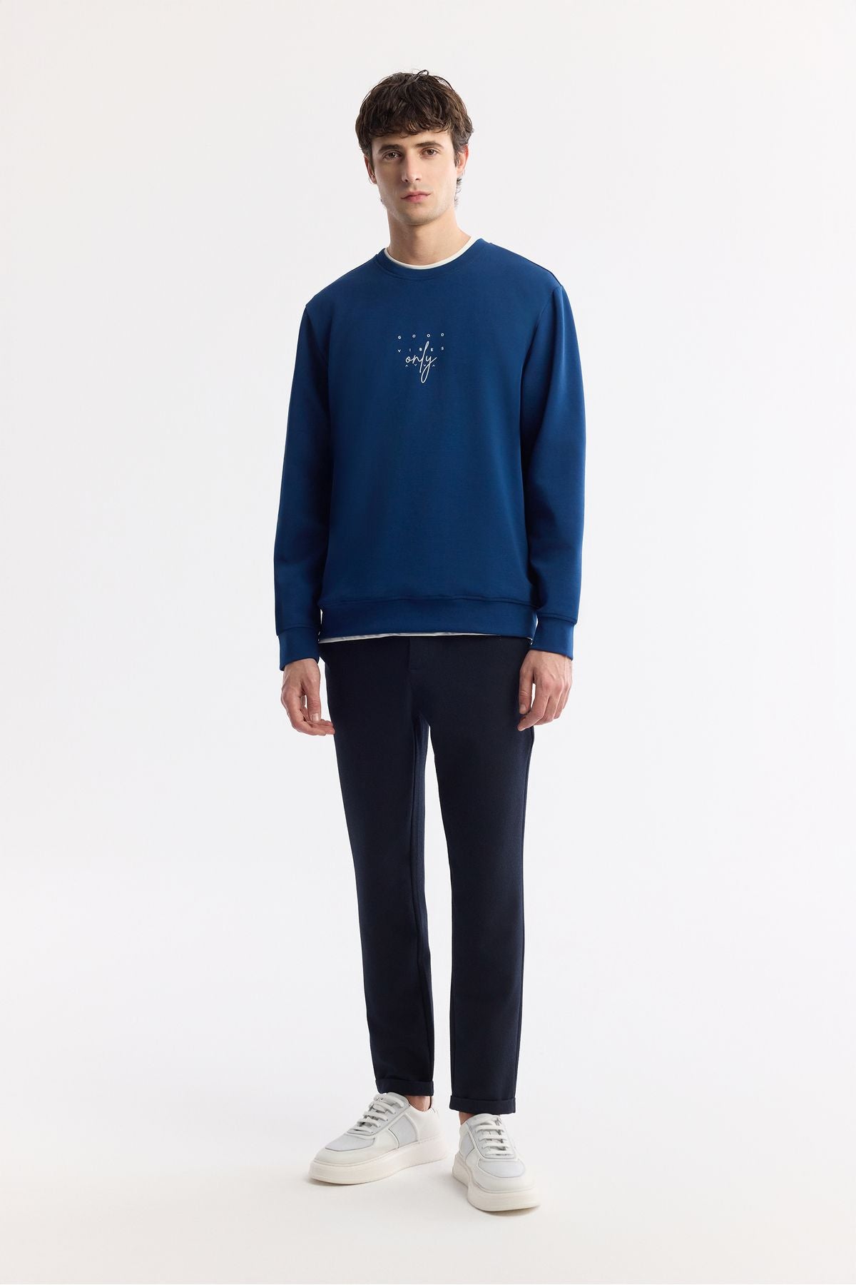 Men's navy blue bike collar printed interlok sweatshirt A51y1235