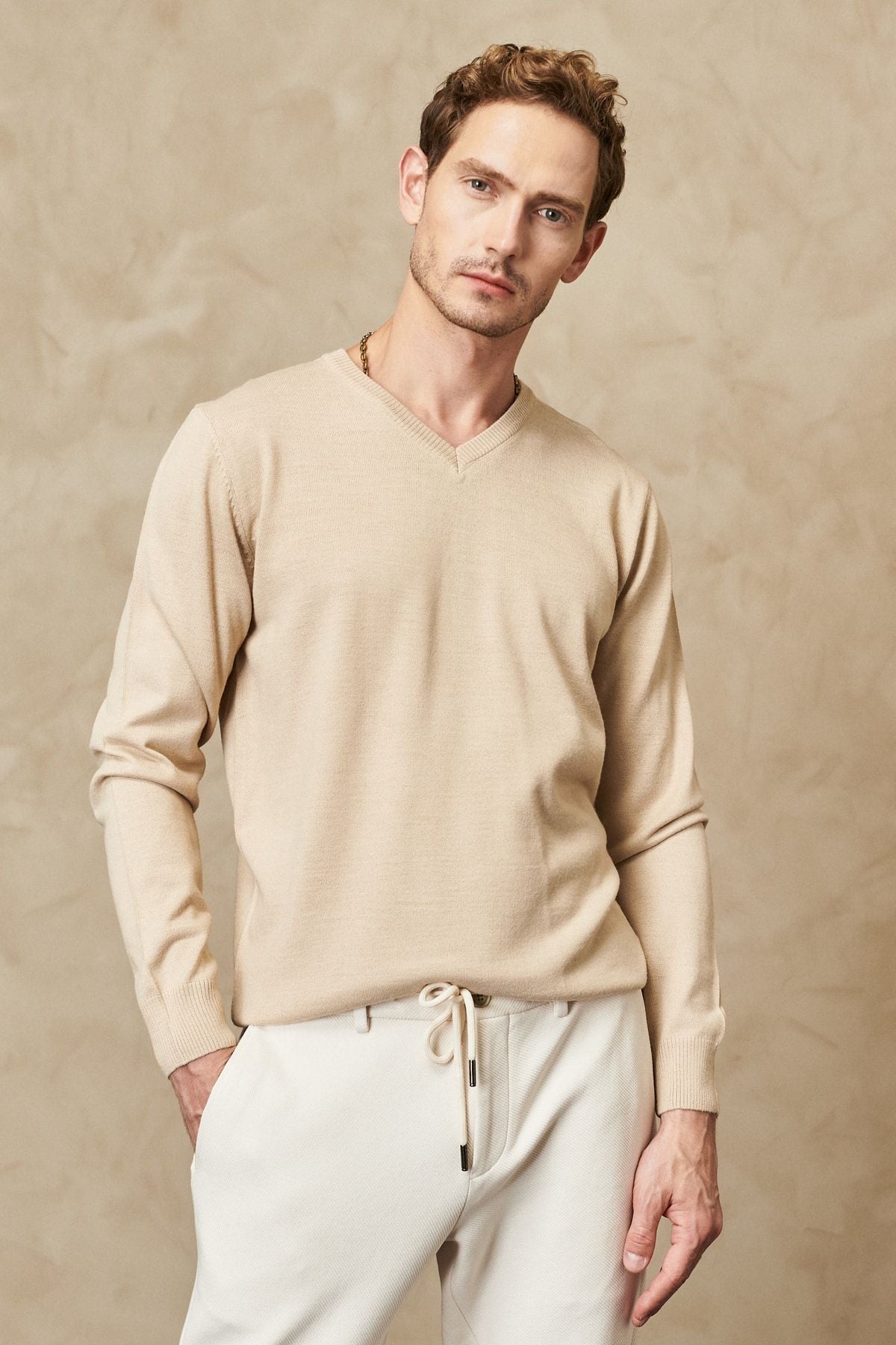 Men's Beige Standard Fit Normal Cut V -Neck Wool Comfortable Knitwear Sweater