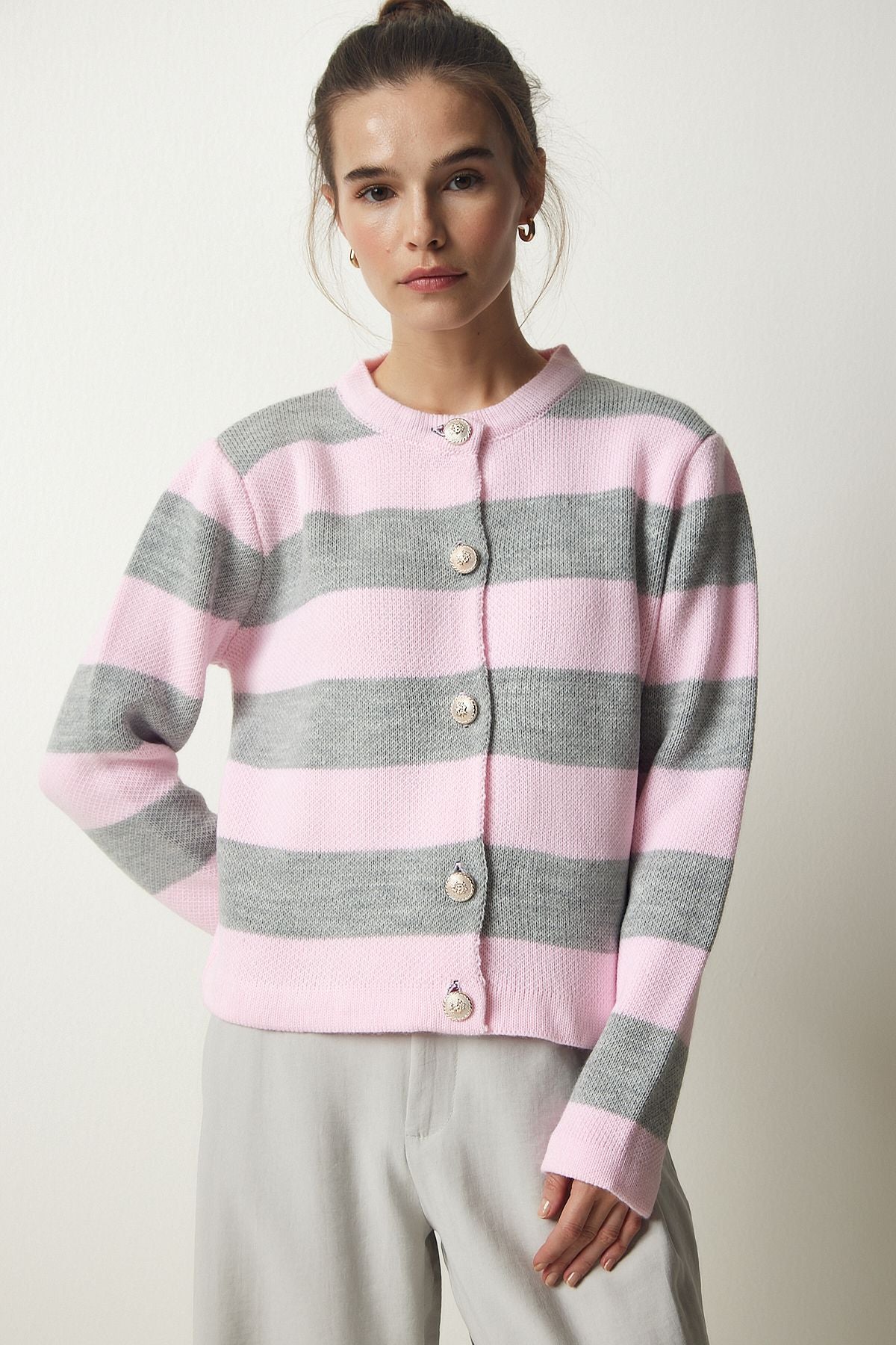 Woman Pink Gray stylish button striped knitwear cardigan NF00078