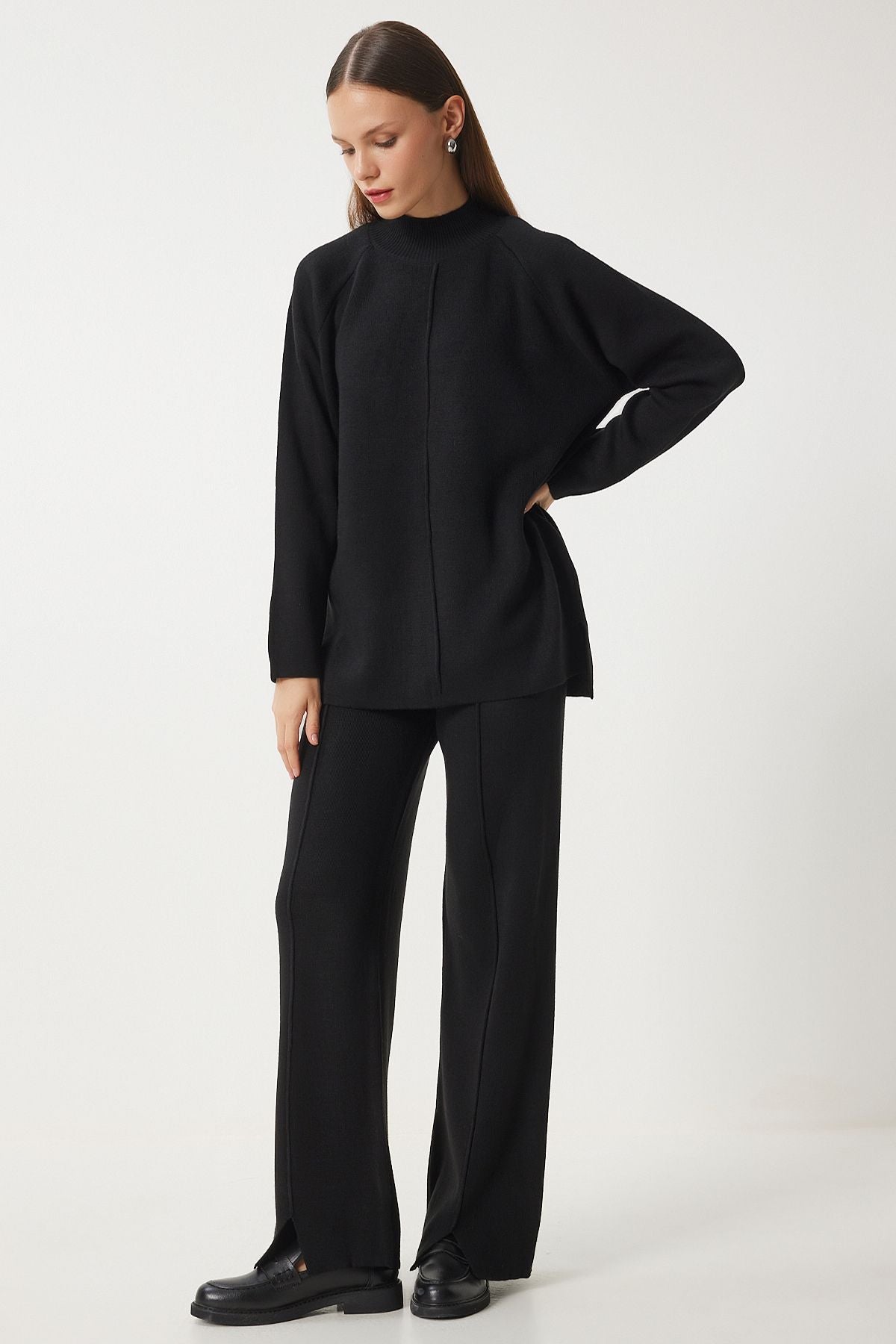 Woman Black Stylish Knitwear Cossack Pants Set Mu00012