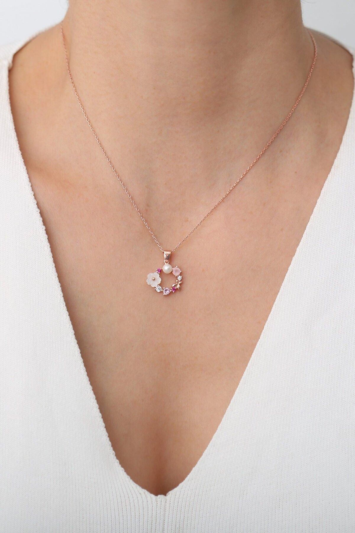 Orchid and colored stone 14 k rose gold -plated women's necklace