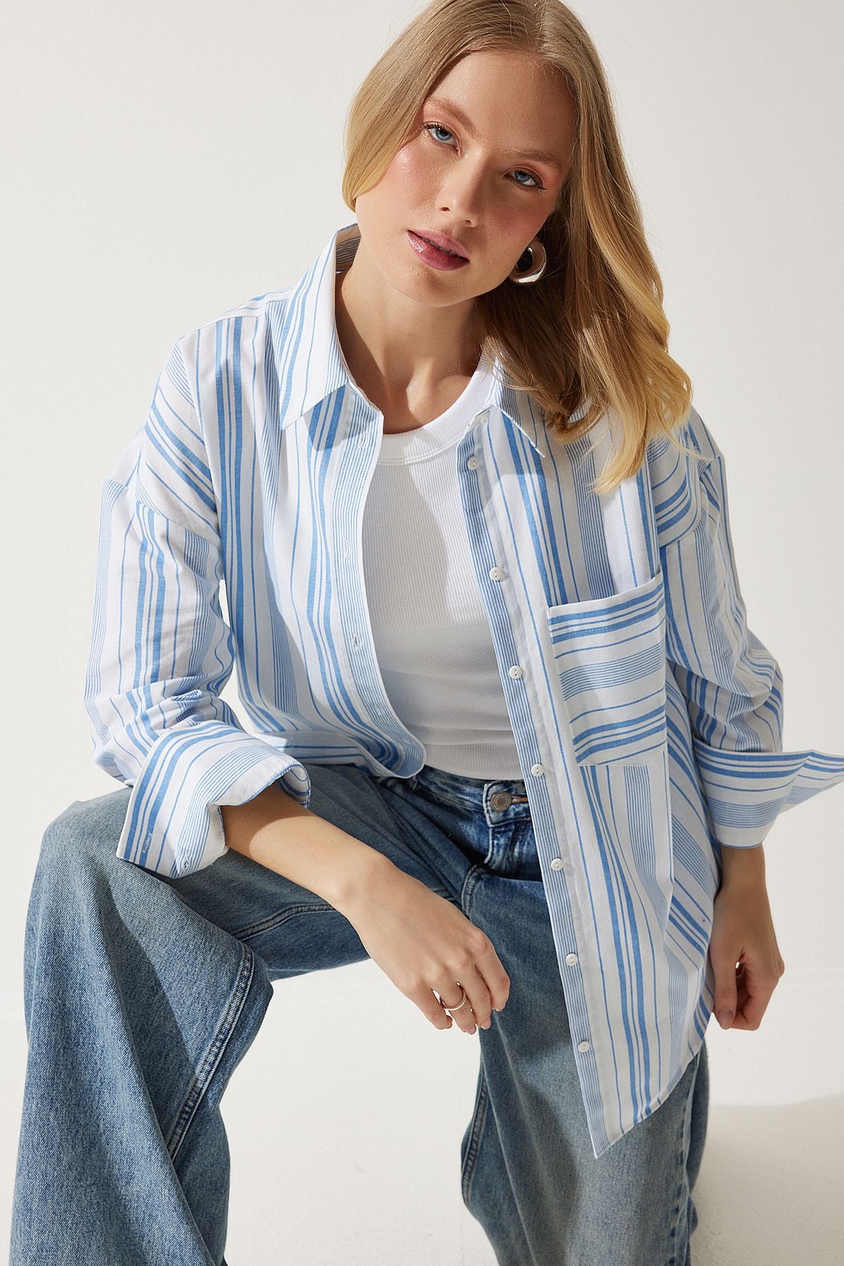 Woman White Blue Striped Cotton Oversize Shirt HK00034