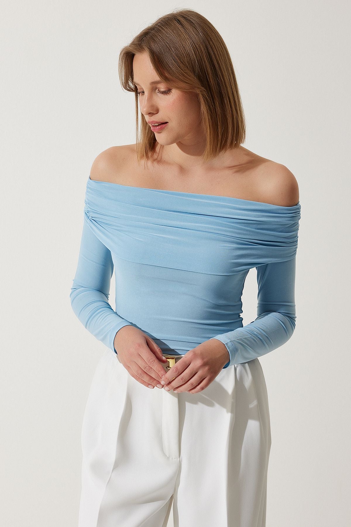 Woman Sky Blue Shoulders Open Shirring Detailed Blouse FF00161
