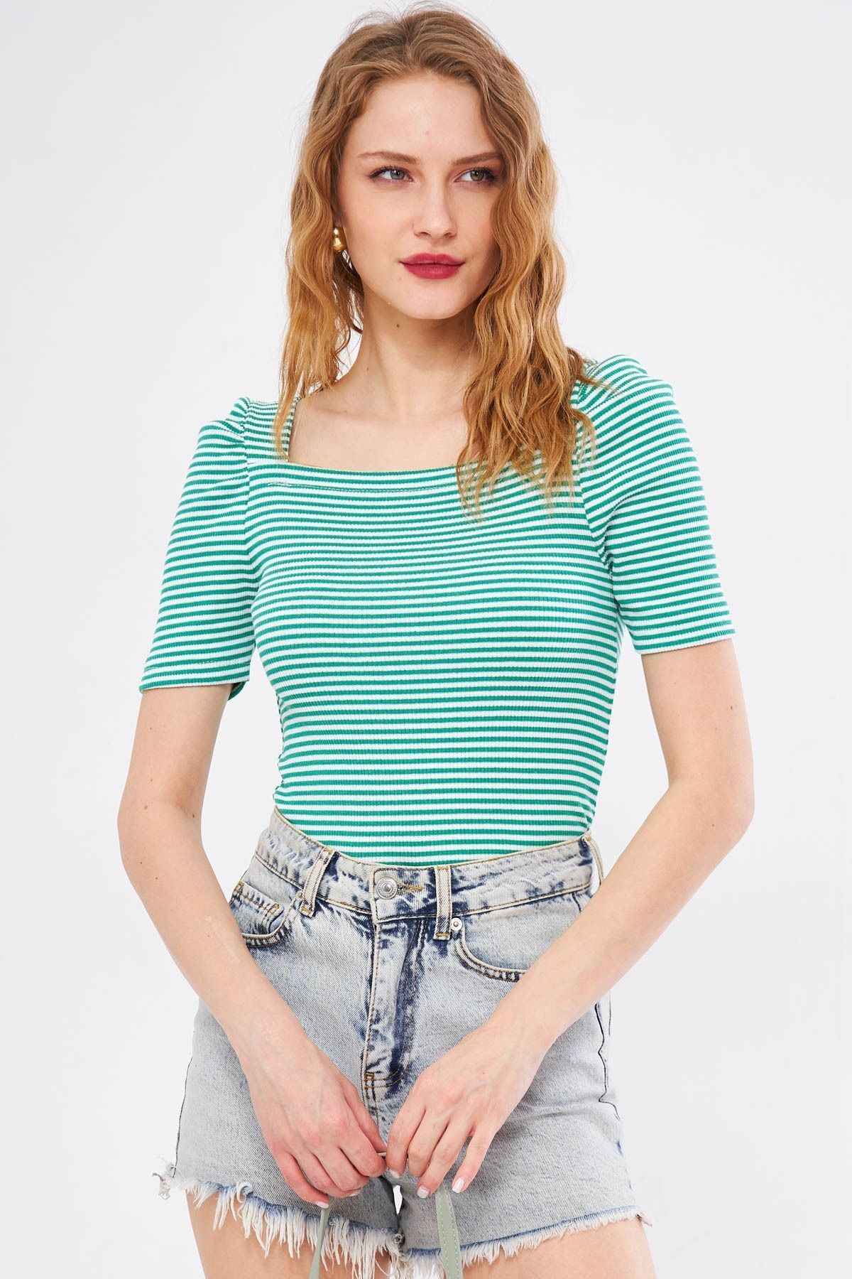 Female Green Front Rear Square Back Watermelon Arm striped blouse ARM-24Y133009