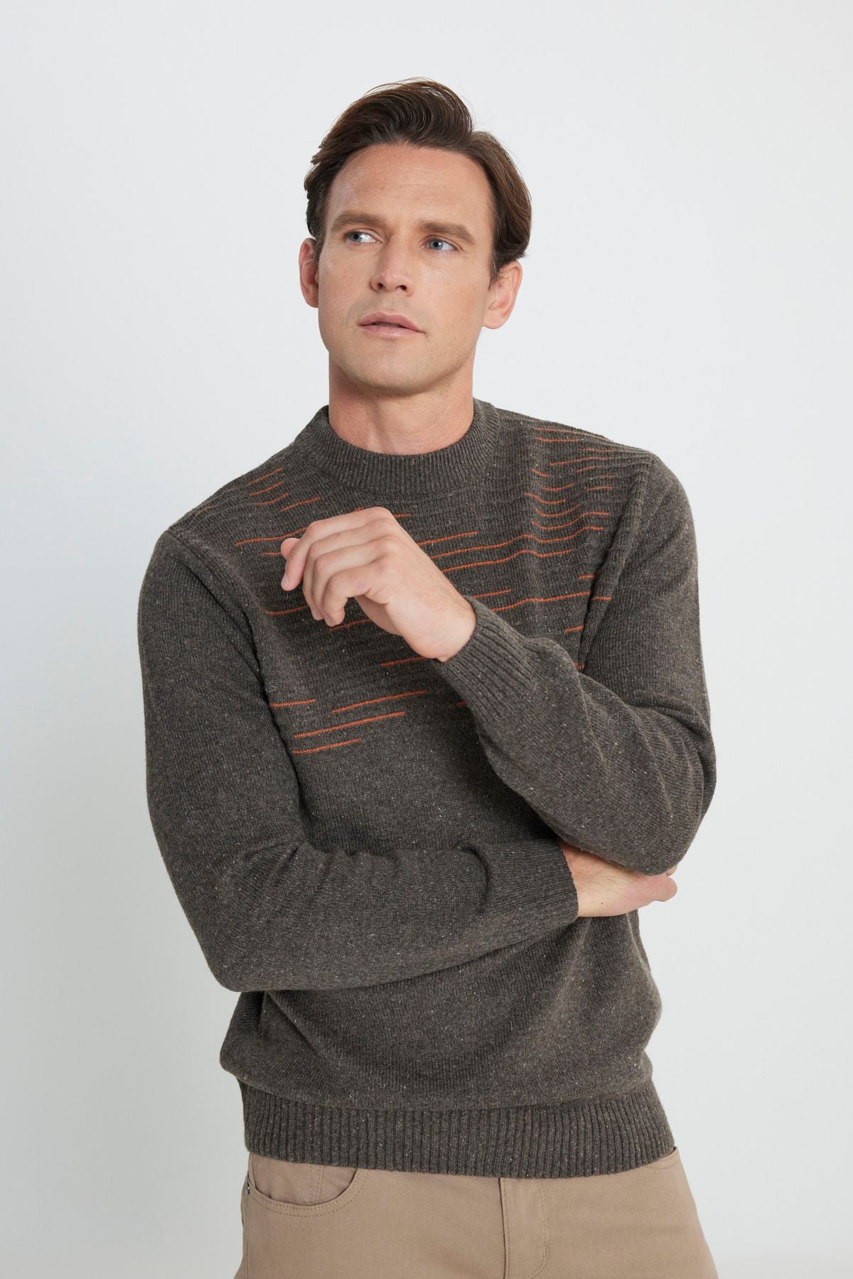 Men's Sut Coffee-Orange Wool Standard Fit Normal Cut Half Fisherman Yaka Knitwear Kazakh