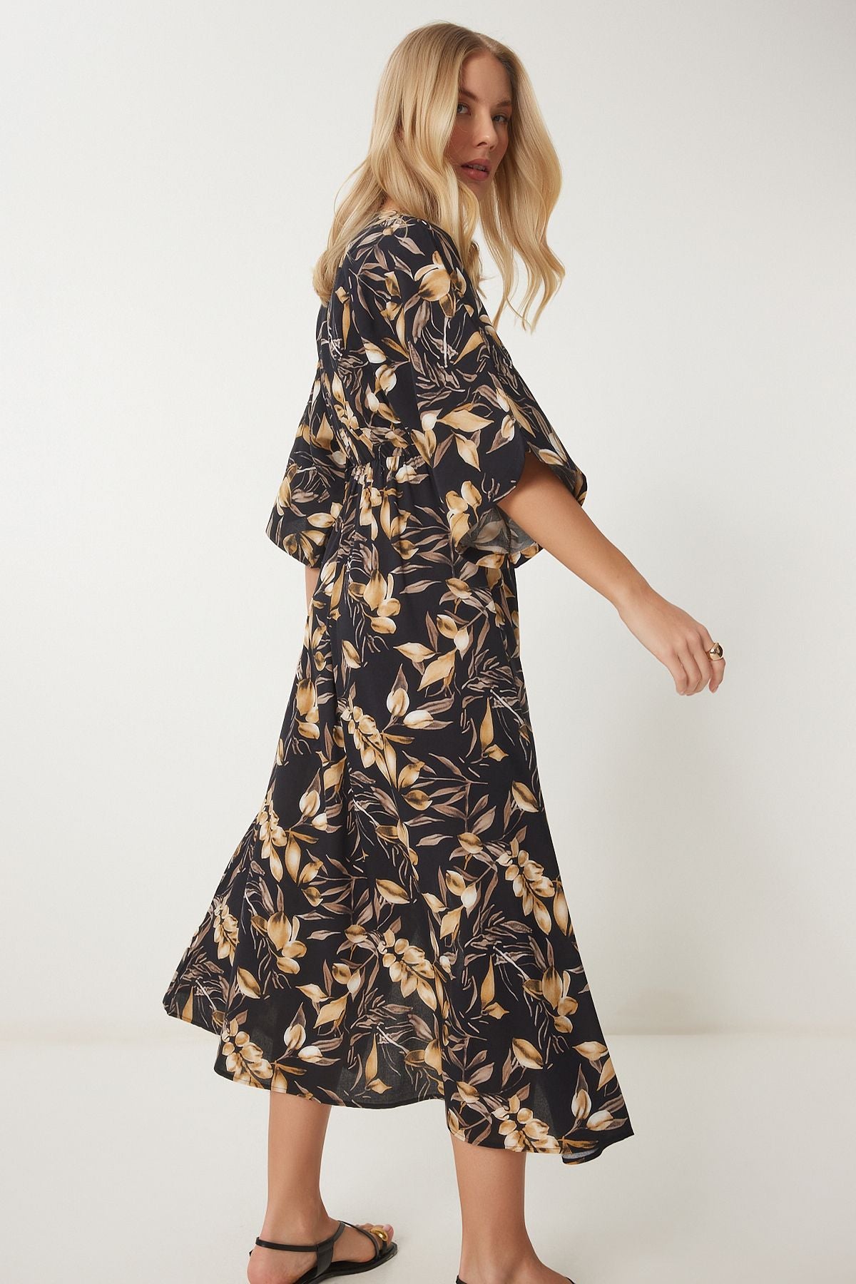 Female Black Beige Anvelop Yaka Patterned Summer Viscose Dress DK00166